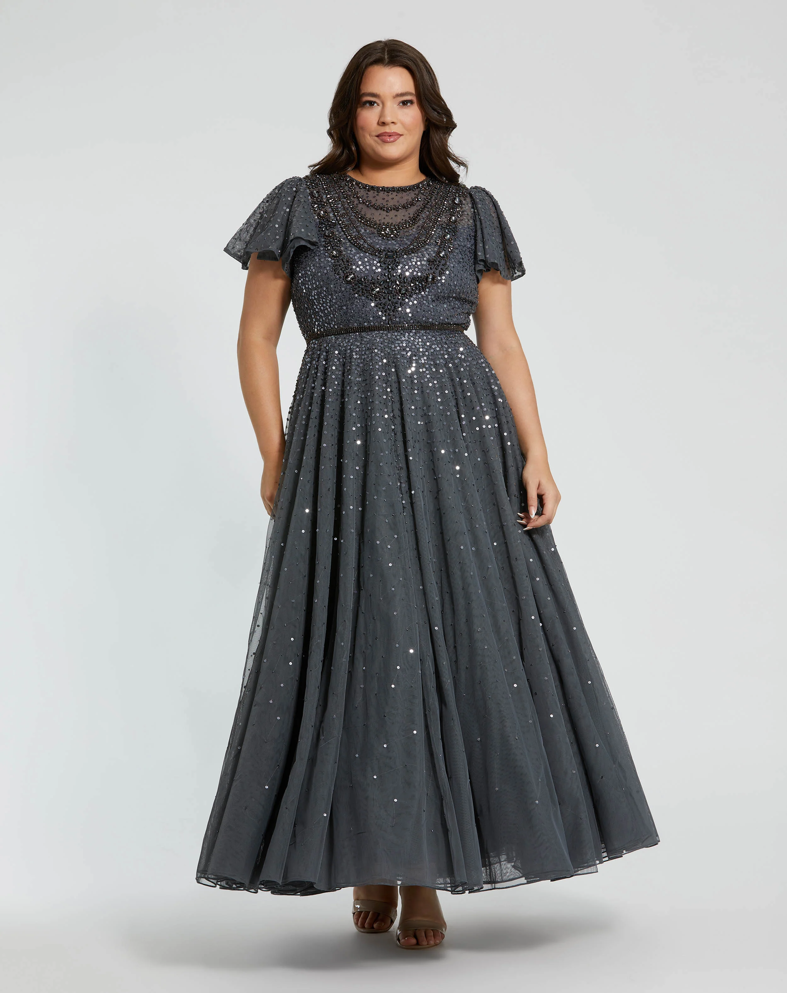 Gray Sheer Flutter Sleeve Beaded Fluffy Net Gown
