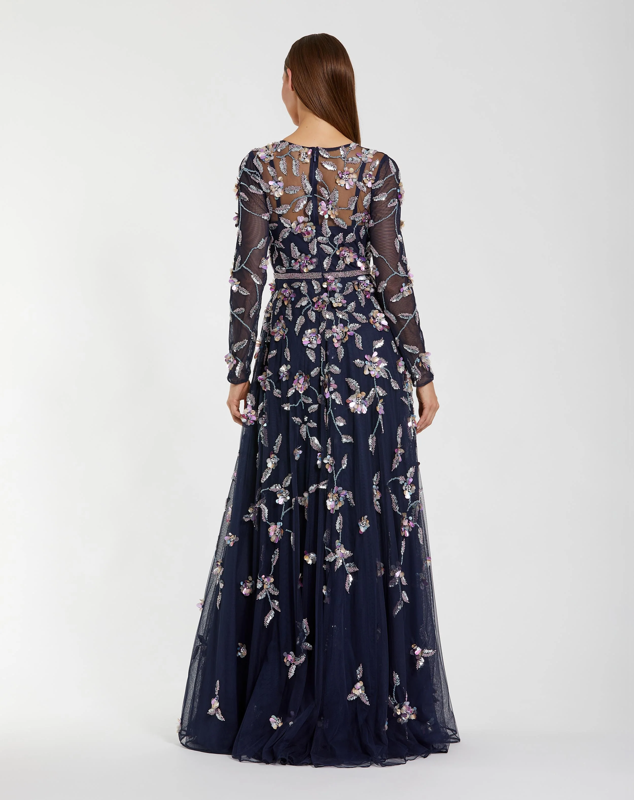 Navy Long Sleeve Floral Embellished Gown