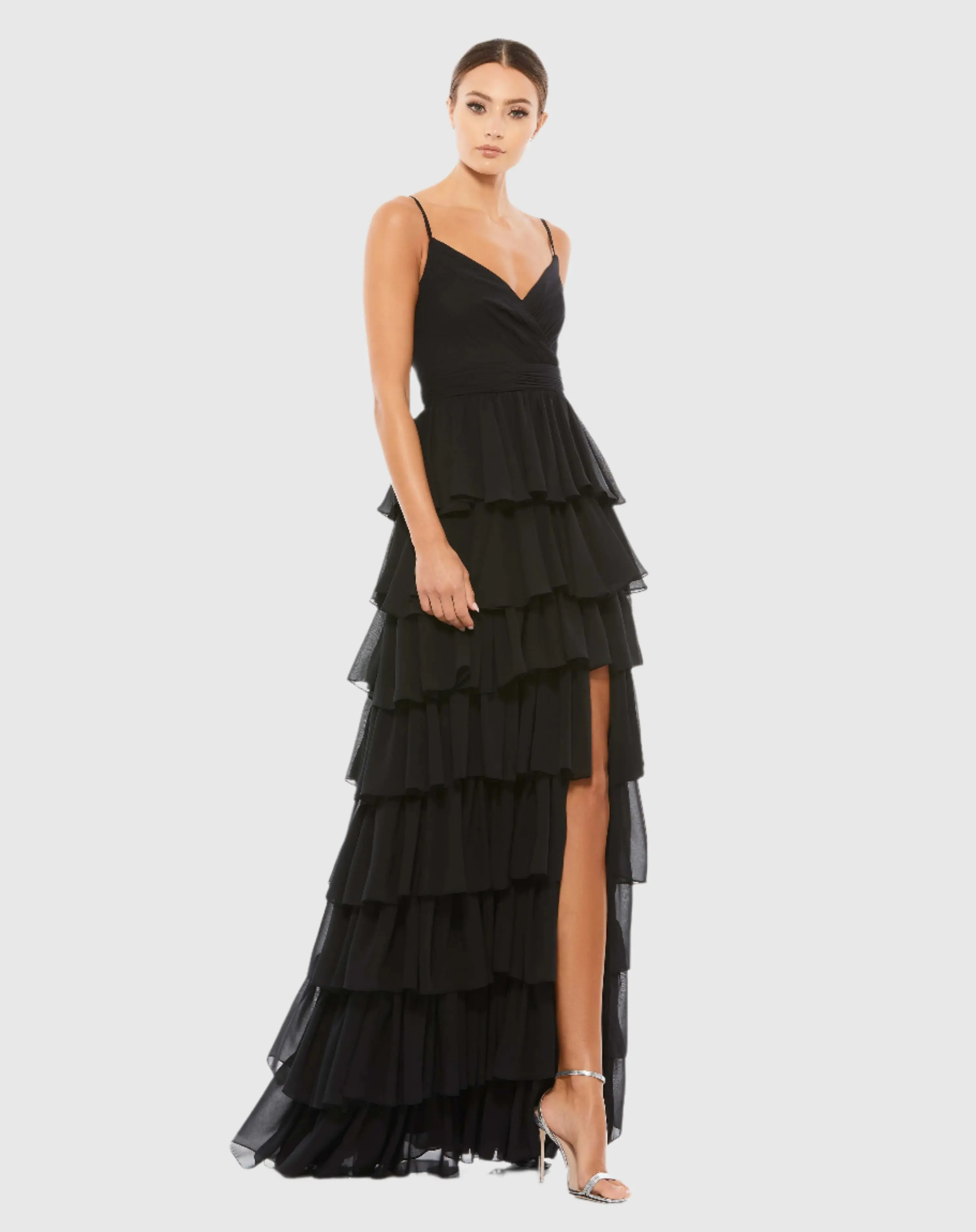 Black V-Neck Sleeveless Gown with Ruffled Skirt