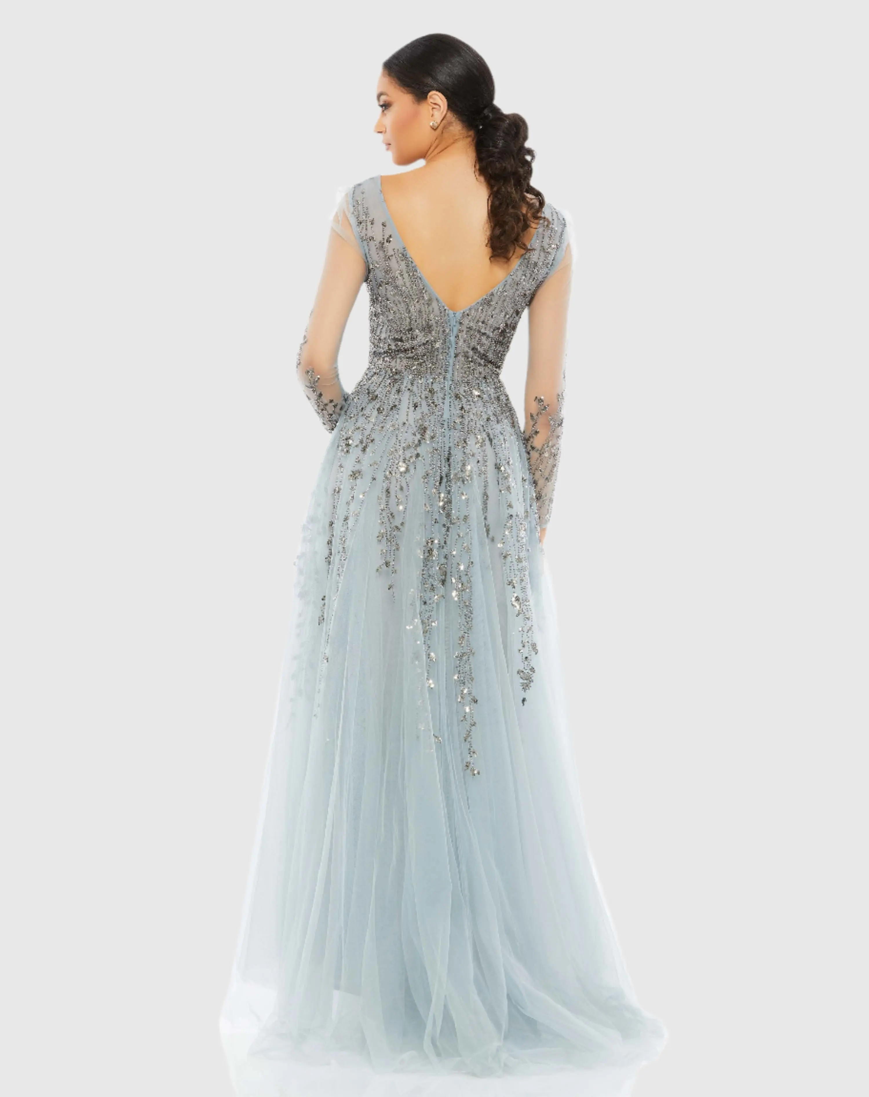Blue Embellished V Neck Long Sleeve A Line Gown