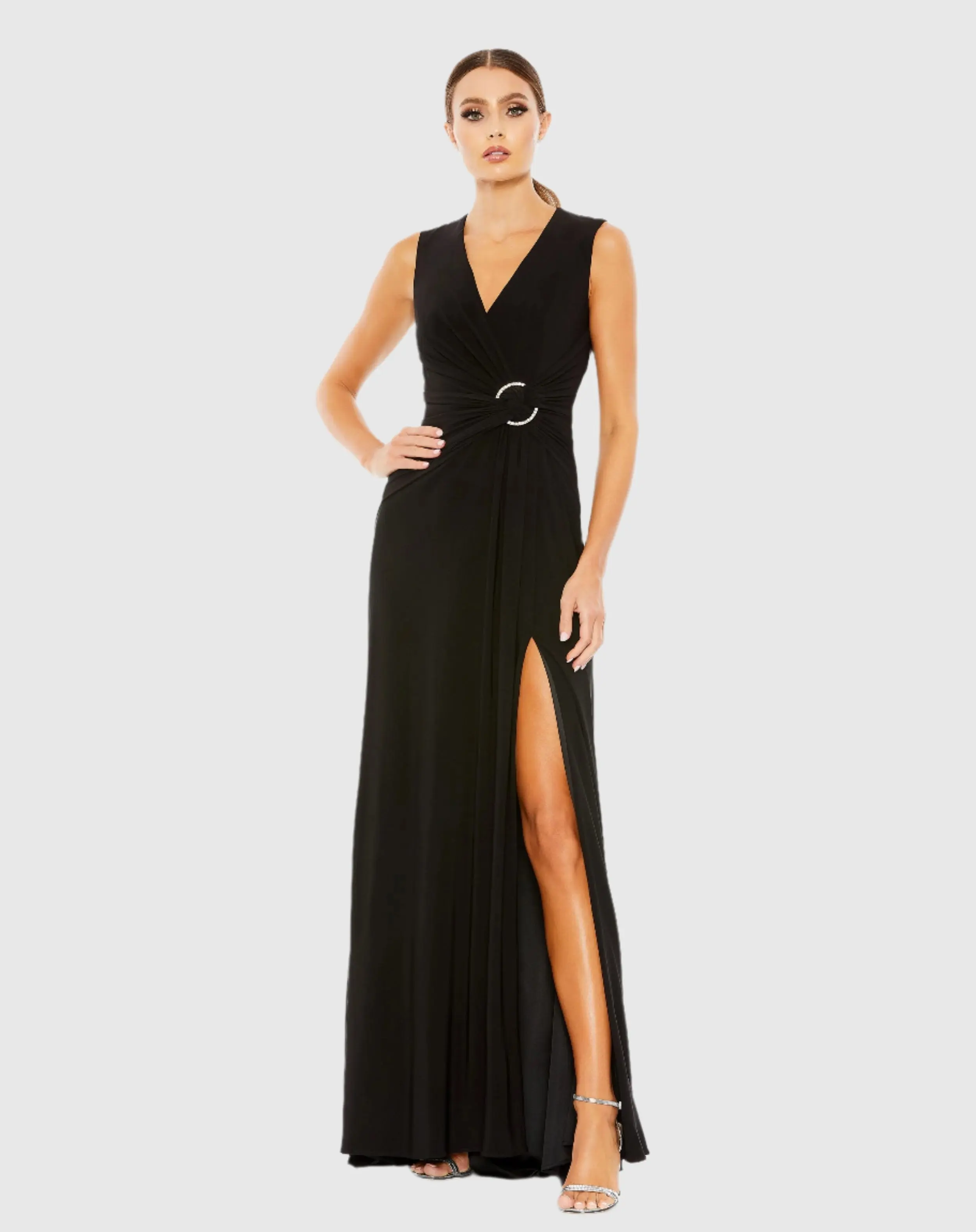 Black Draped Side Knot Jersey Gown w/ Rhinestone Ring