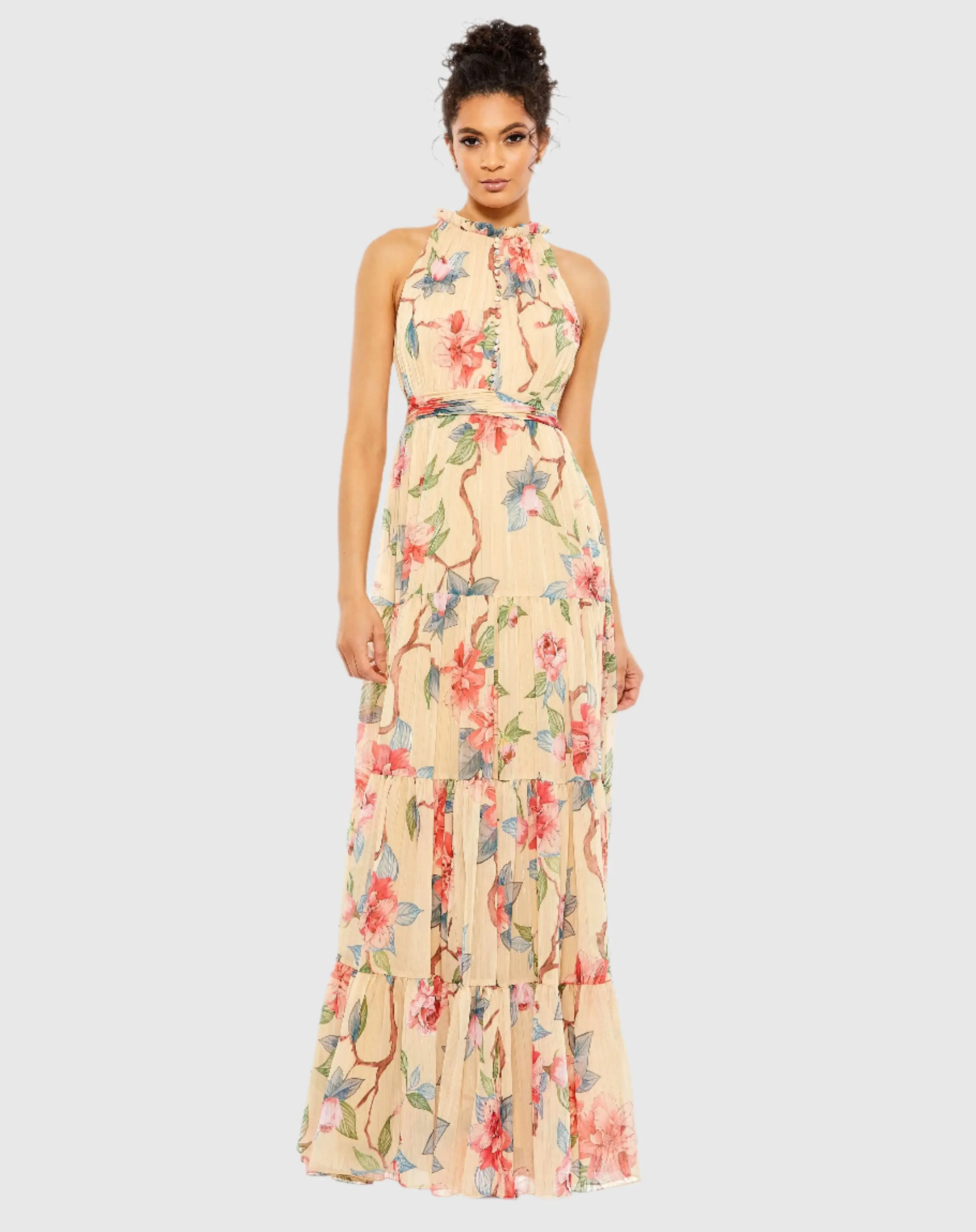 Beige Floral Button High Neck Maxi Dress