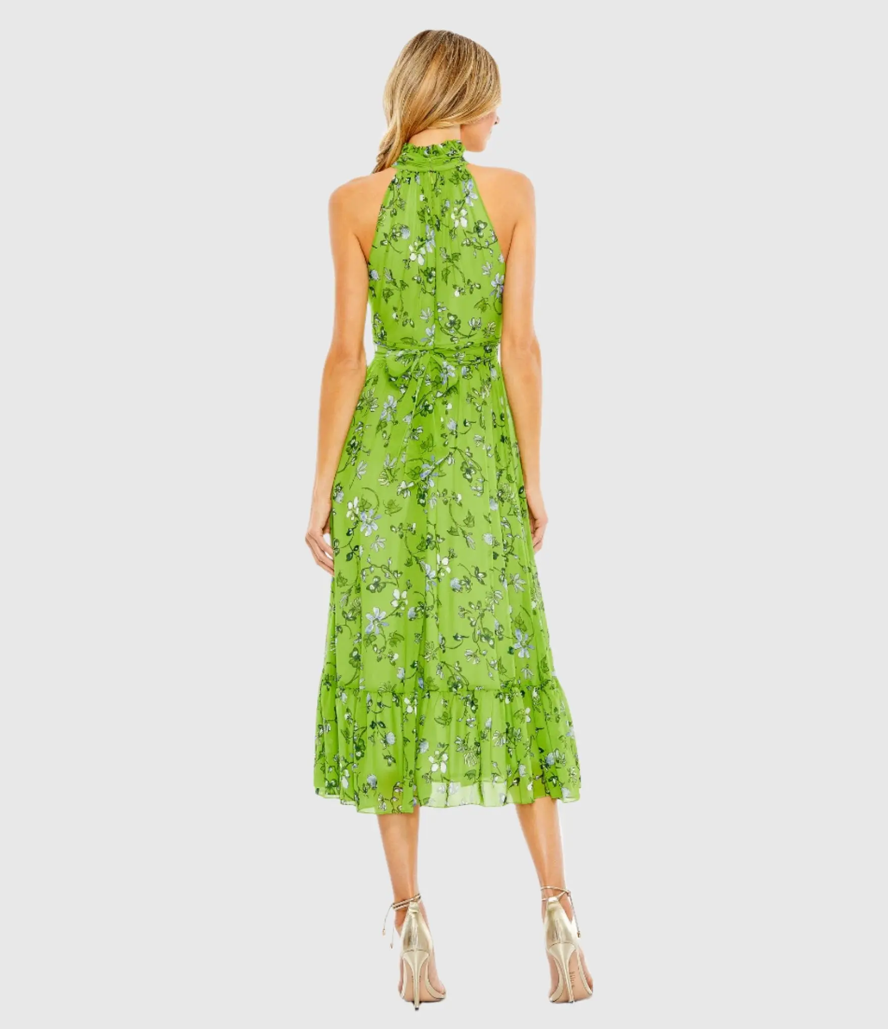 Green Floral Print Halter Neck A Line Dress