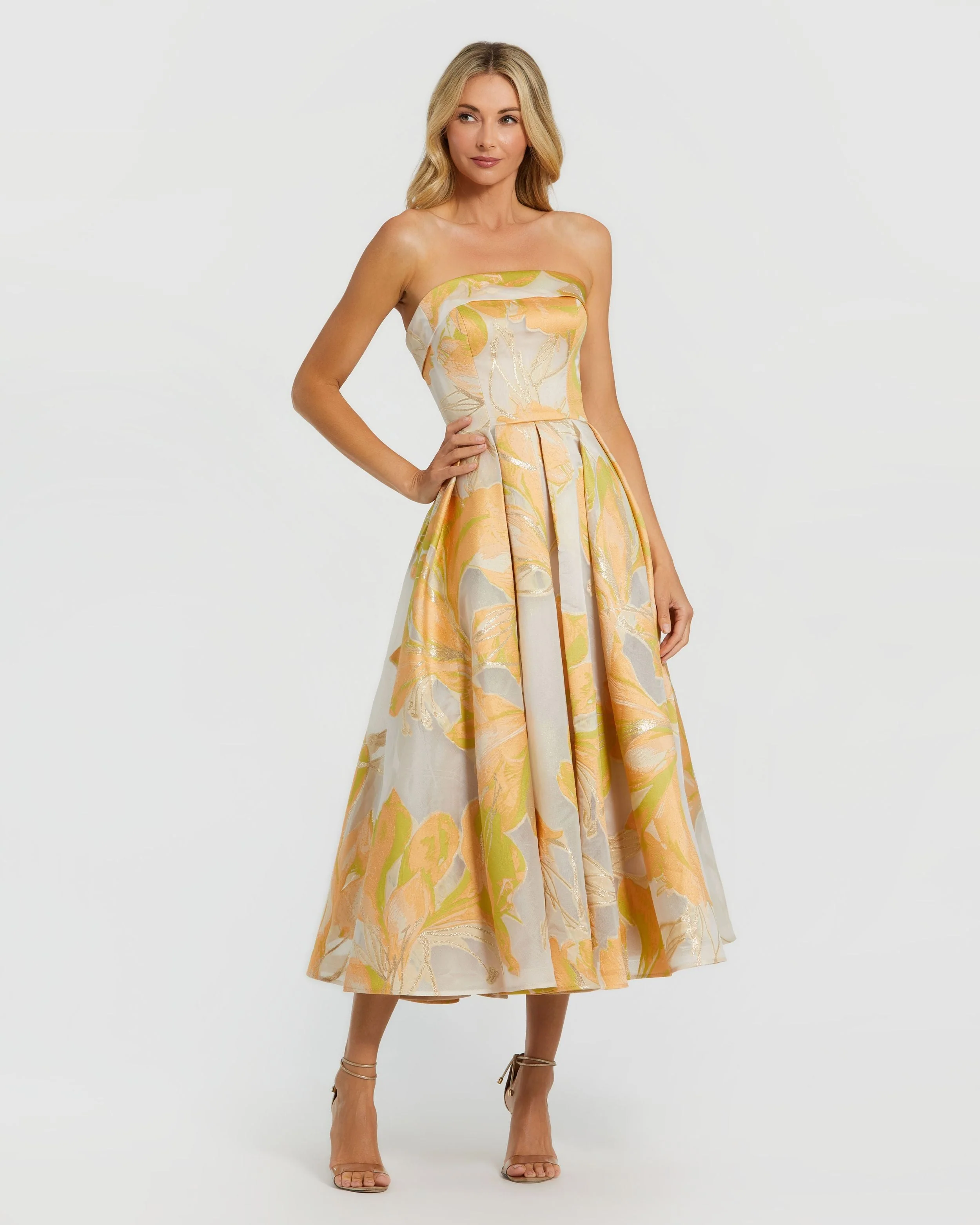 Beige and Orange Strapless Brocade Midi Dress with Pockets