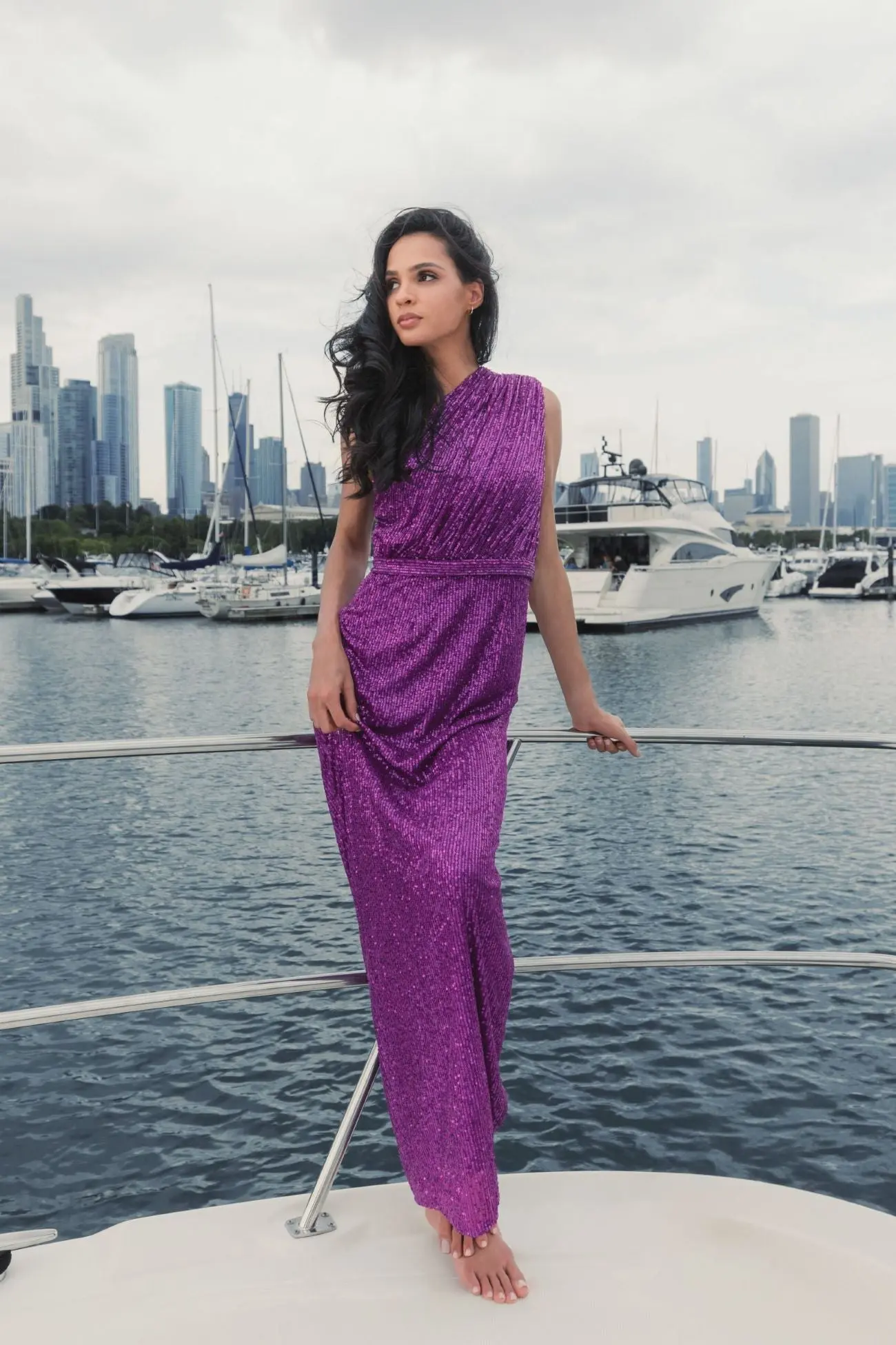 Dark Purple Sequined Ruched One Shoulder Gown