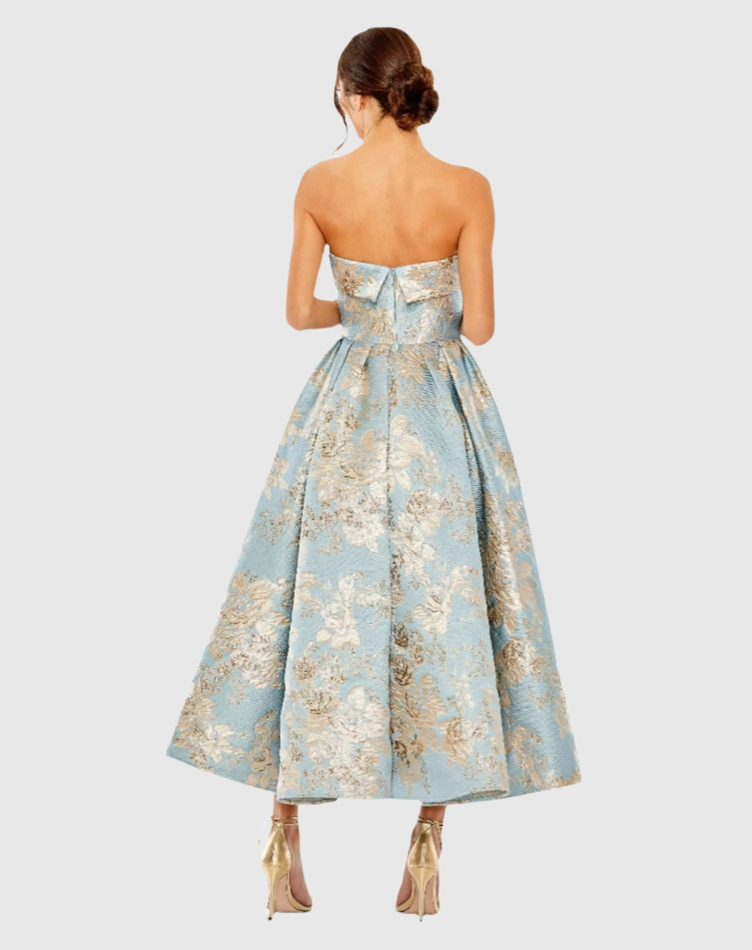 Blue Strapless Brocade Midi Dress with Pockets