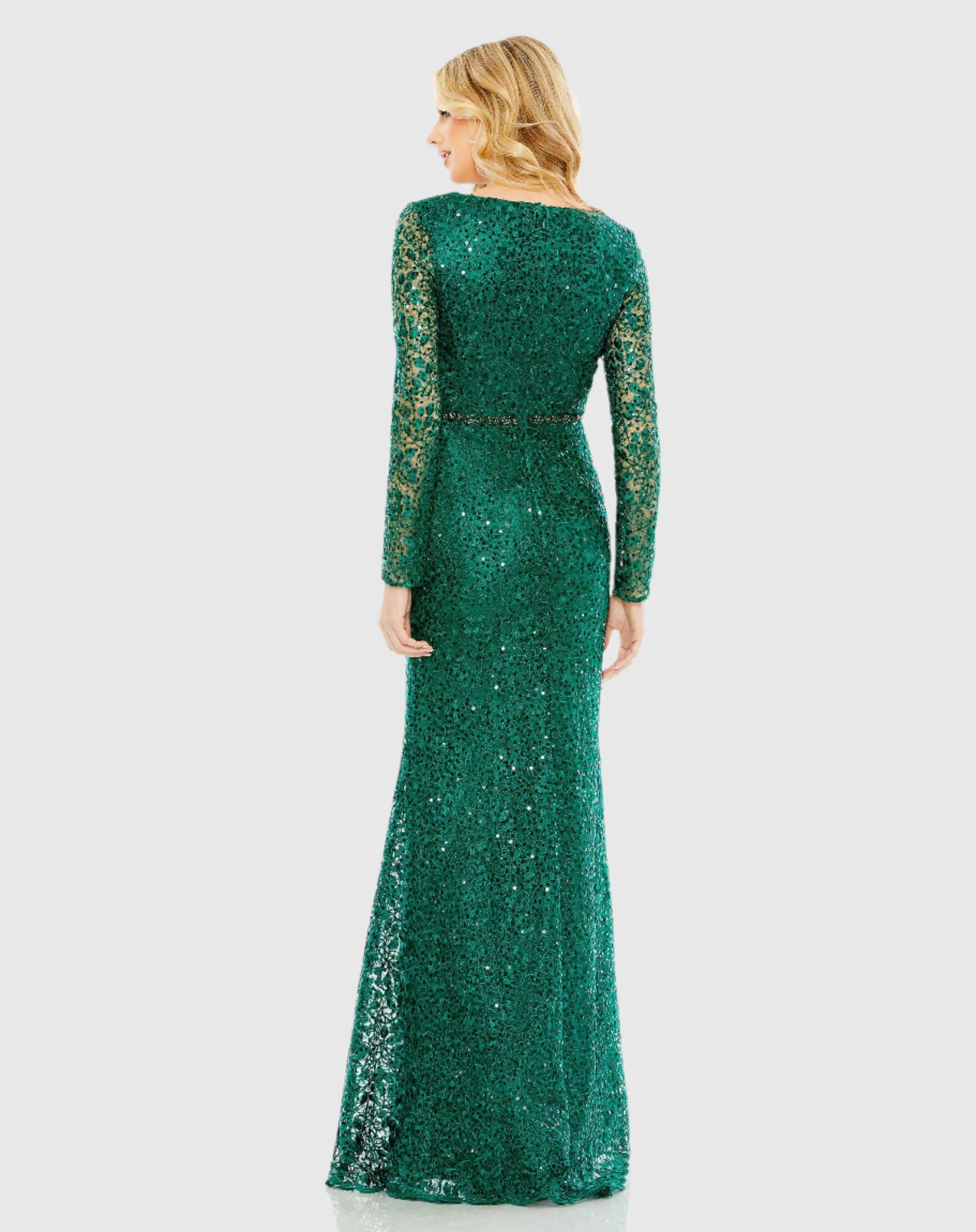 Green Embellished Wrap Over Long Sleeve Gown