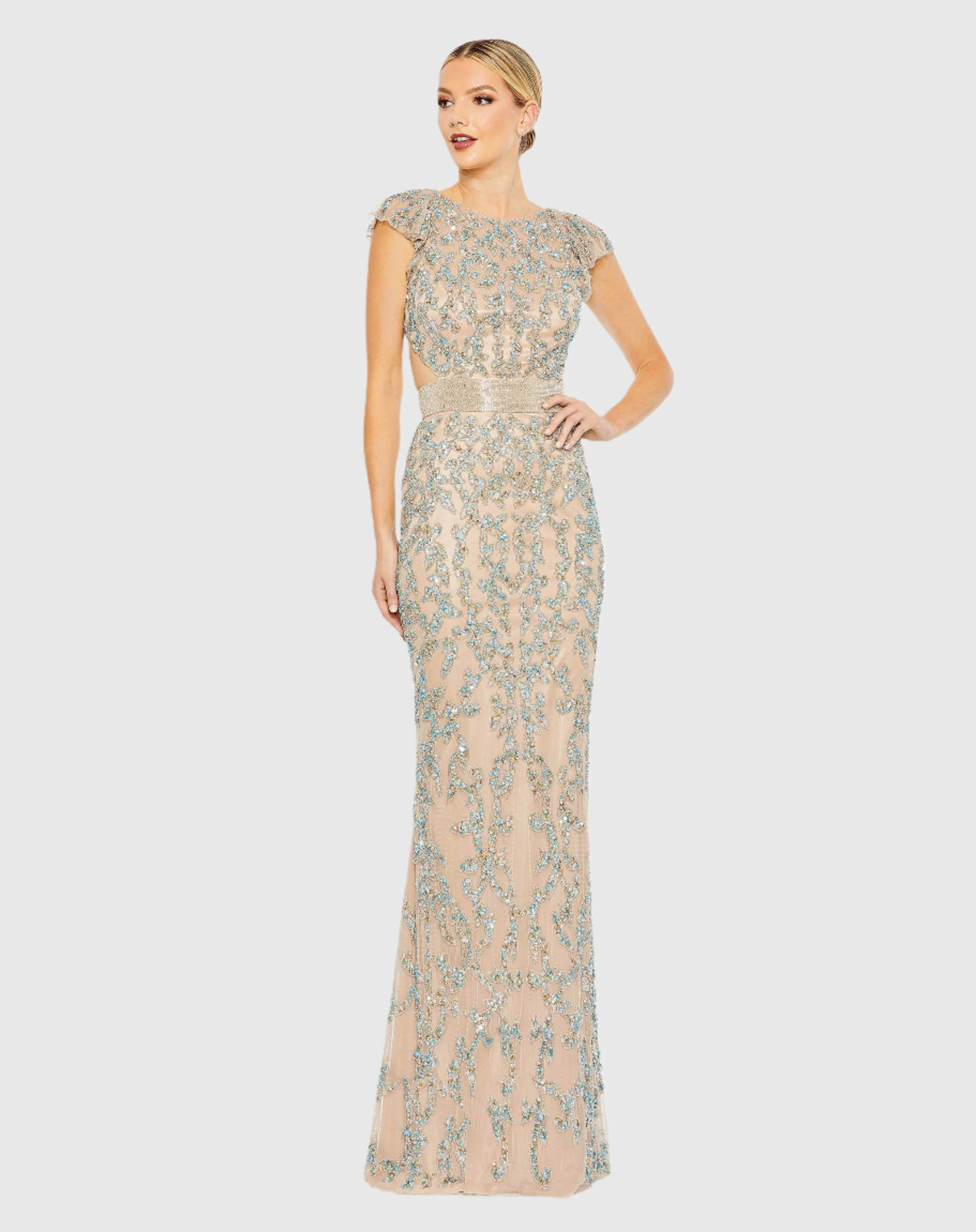 Beige Damask Sequin Embellished Open Back Lace Up Cap Sleeve Gown