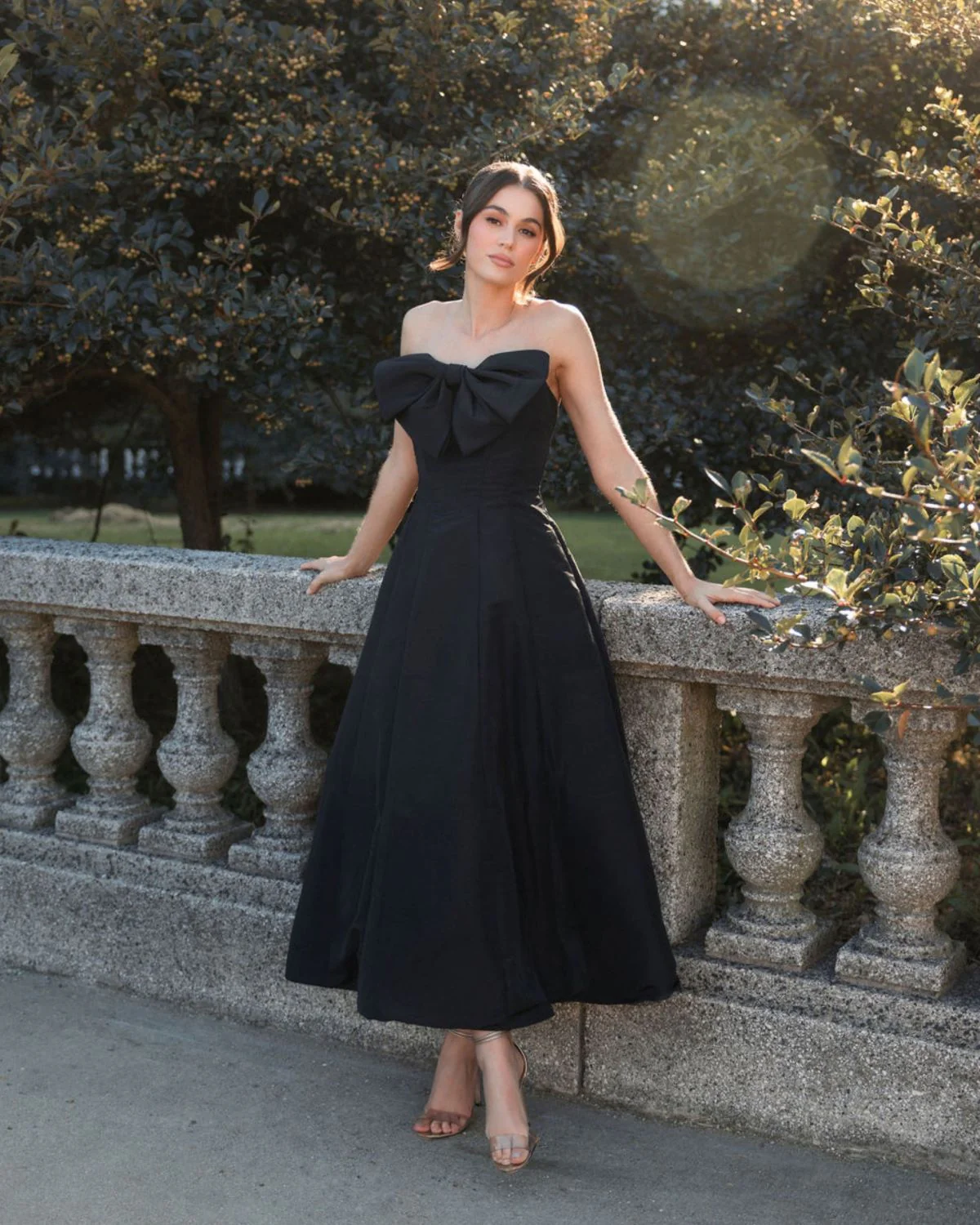 Black Strapless A-Line Tea Length Statement Bow Dress