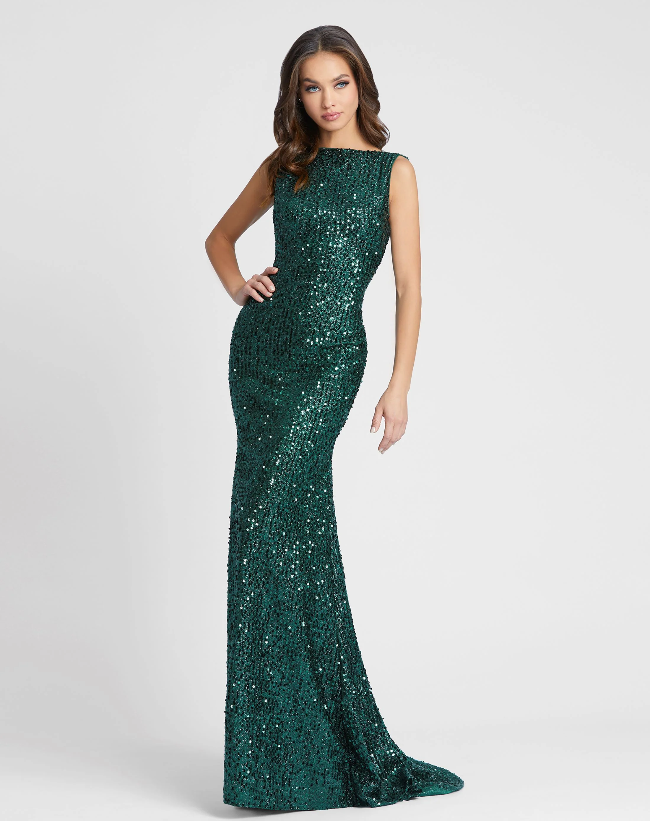 Green Cowl Back Boat Neck Sequined Evening Gown