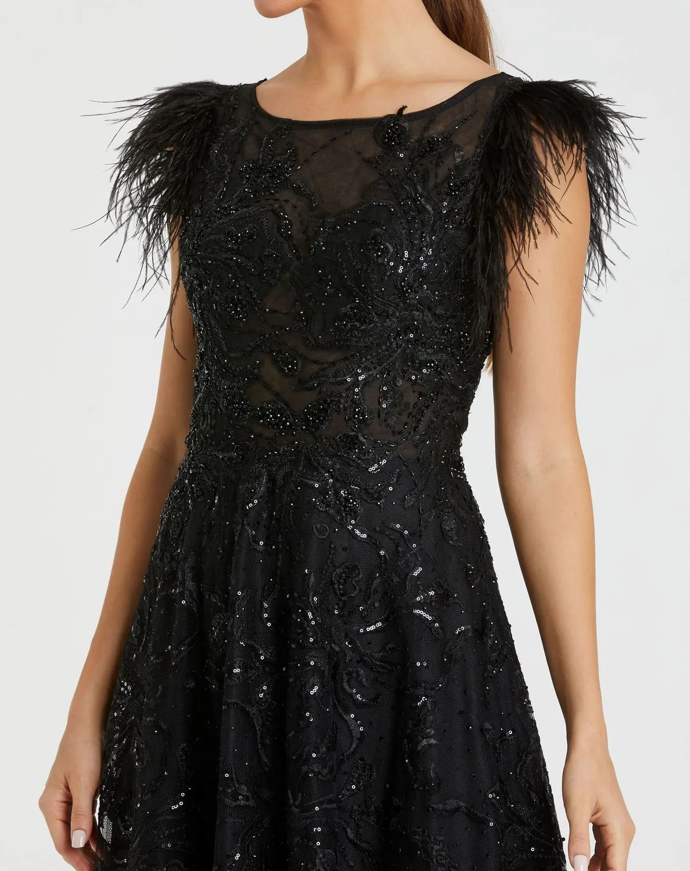 Black Embellished Feather Cap Sleeve Bateau A Line Gown