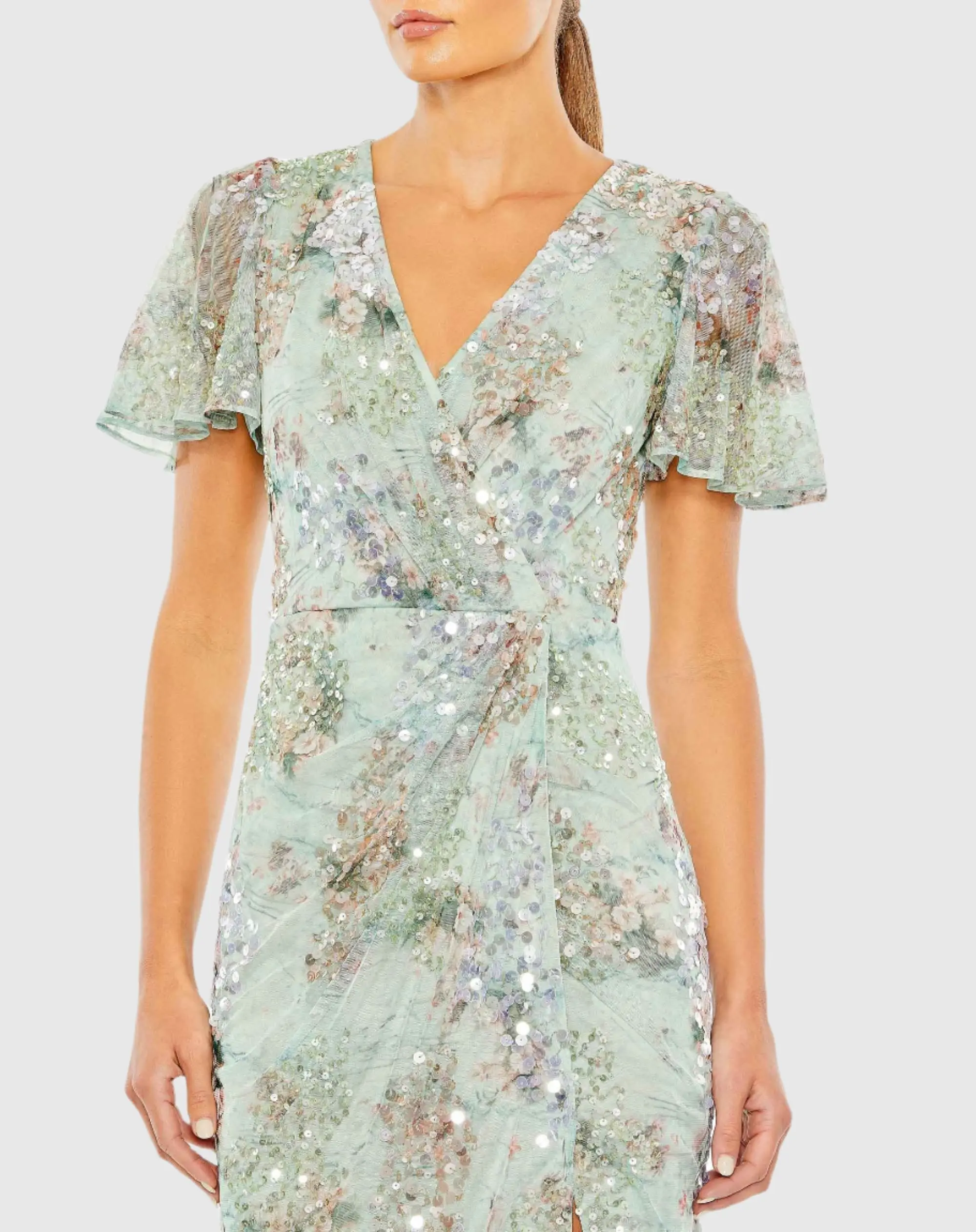 Green Embellished Butterfly Sleeve Faux Wrap Gown