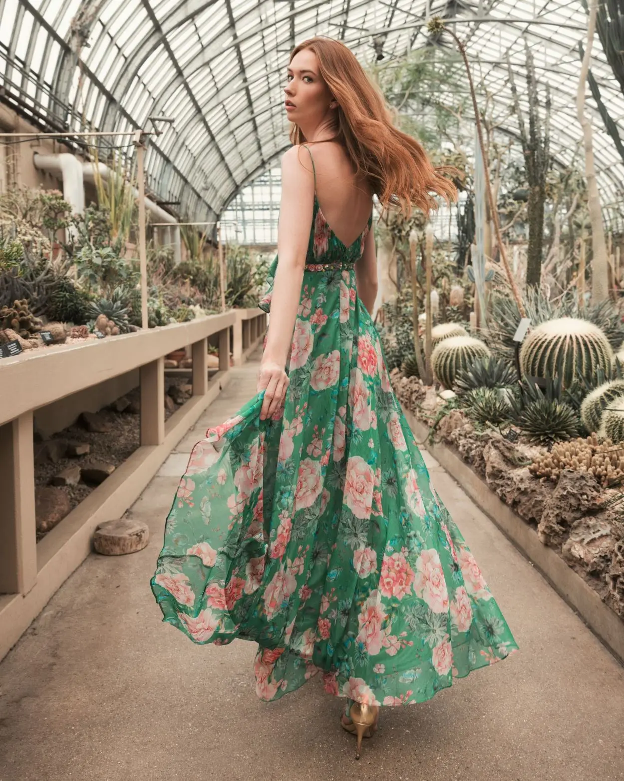 Green Floral Print Ruffled Wrap Over A Line Gown