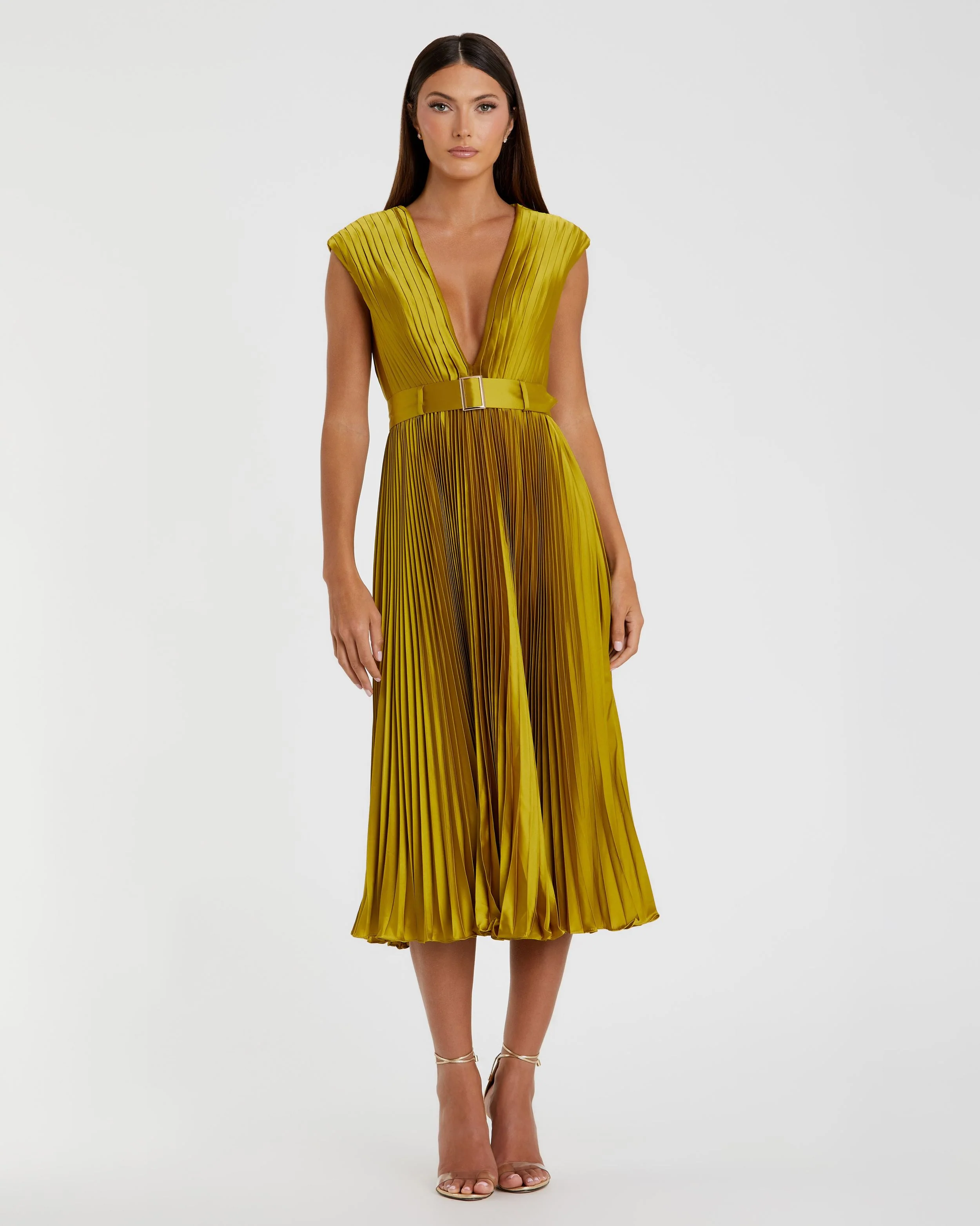 Green Pleated Cap Sleeve Belted A Line Dress