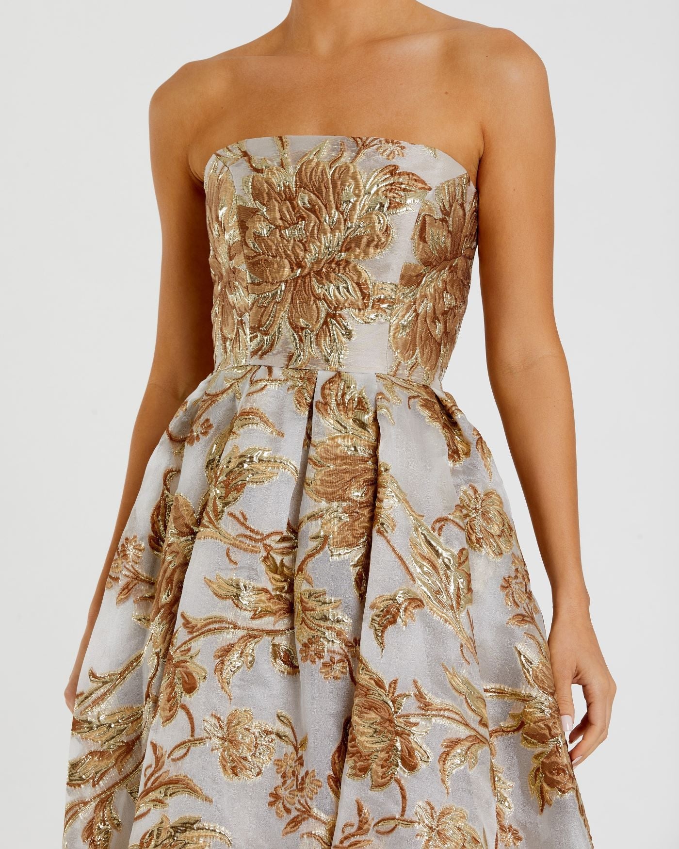 Gold Strapless Brocade Midi Dress with Pockets