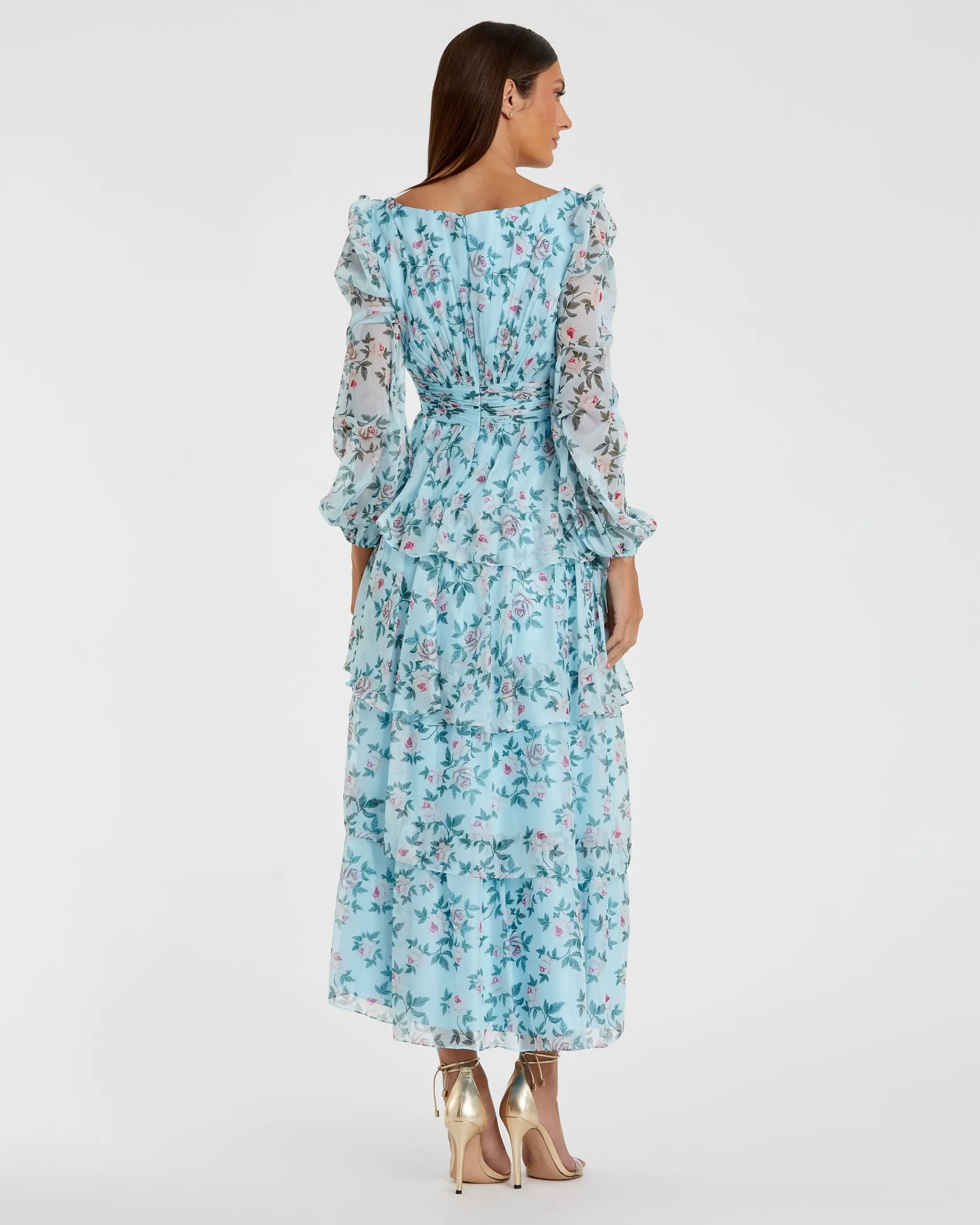 Blue Puff Sleeve Floral Printed Dress