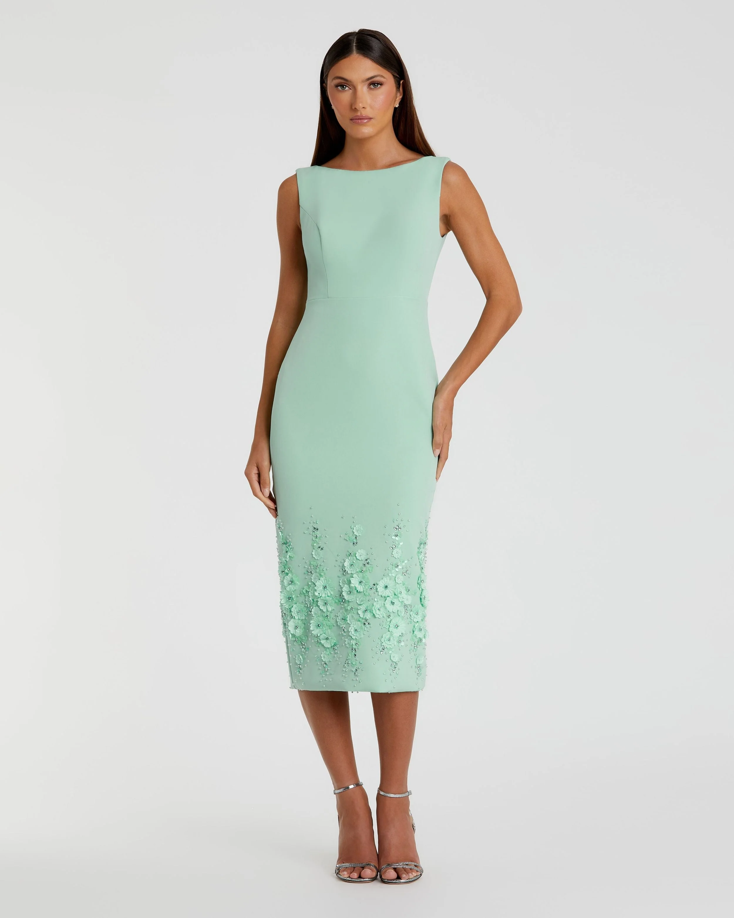Green Crepe Sleeveless Midi Dress With Flower Beading