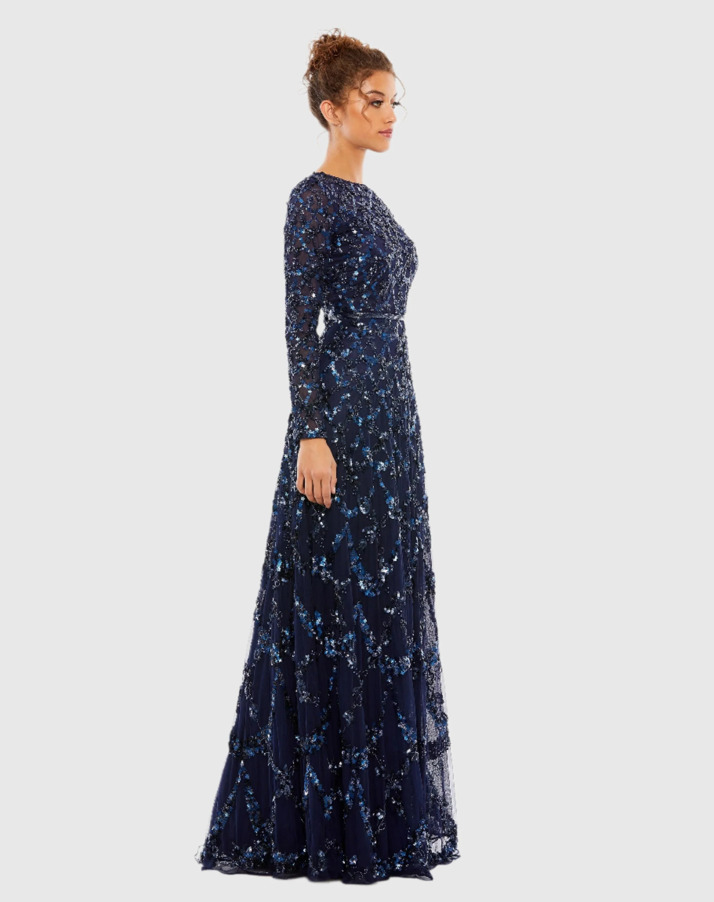 Navy Embellished Illusion High Neck Long Sleeve A Line Gown