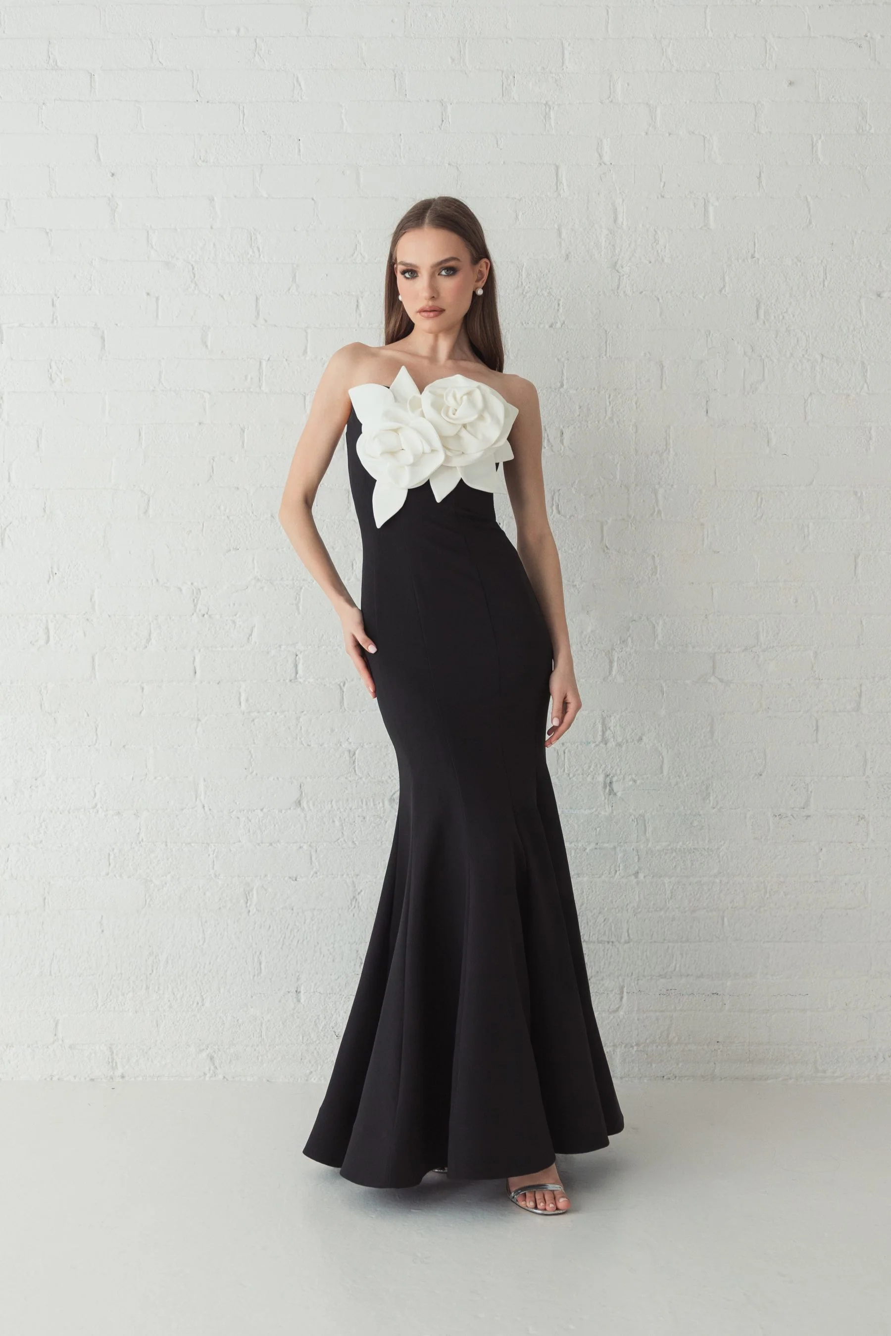 Black Strapless Crepe Mermaid Gown With 3D Flowers