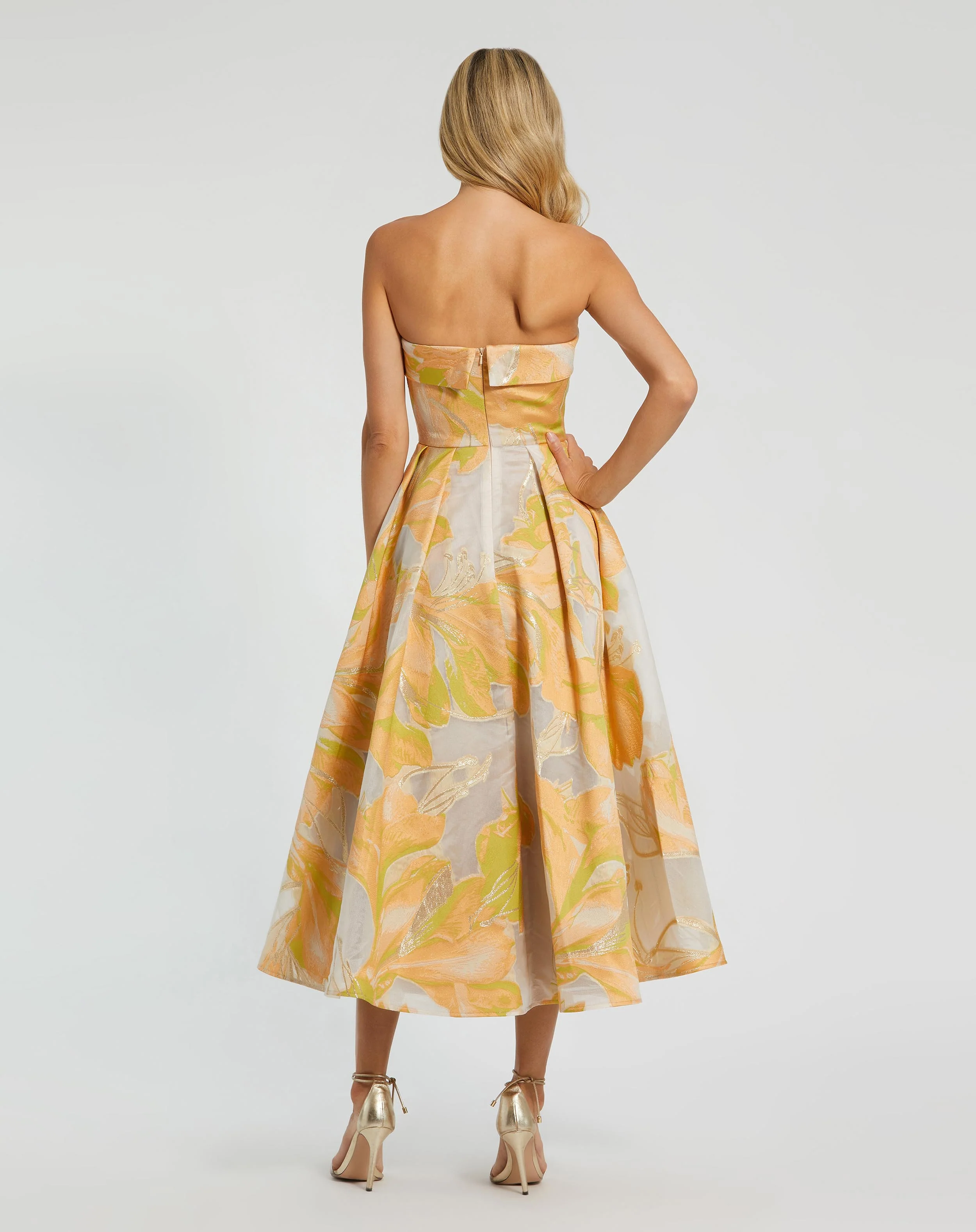 Beige and Orange Strapless Brocade Midi Dress with Pockets
