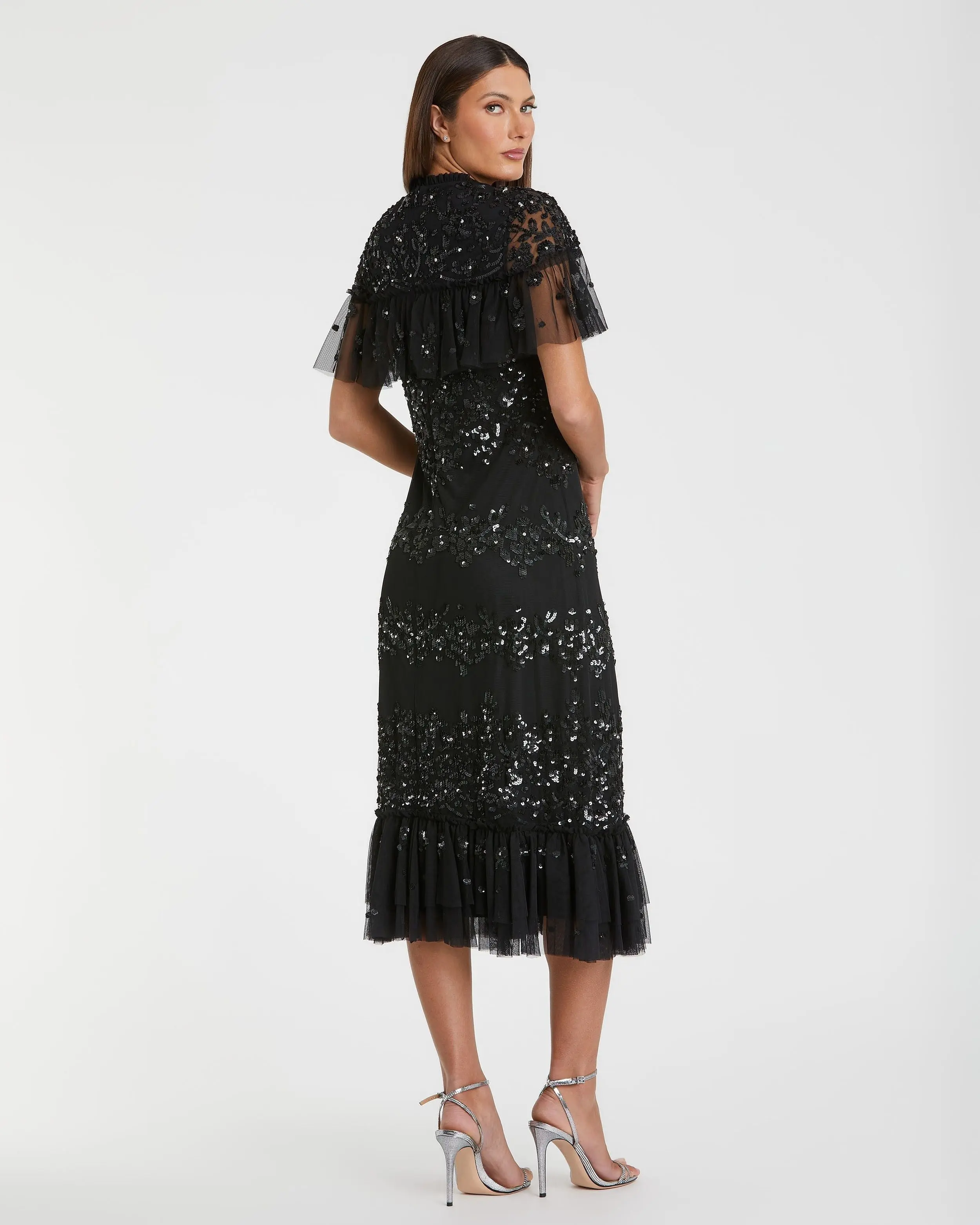 Black Sequined High Neck Ruffled Flutter Sleeve Midi Dress