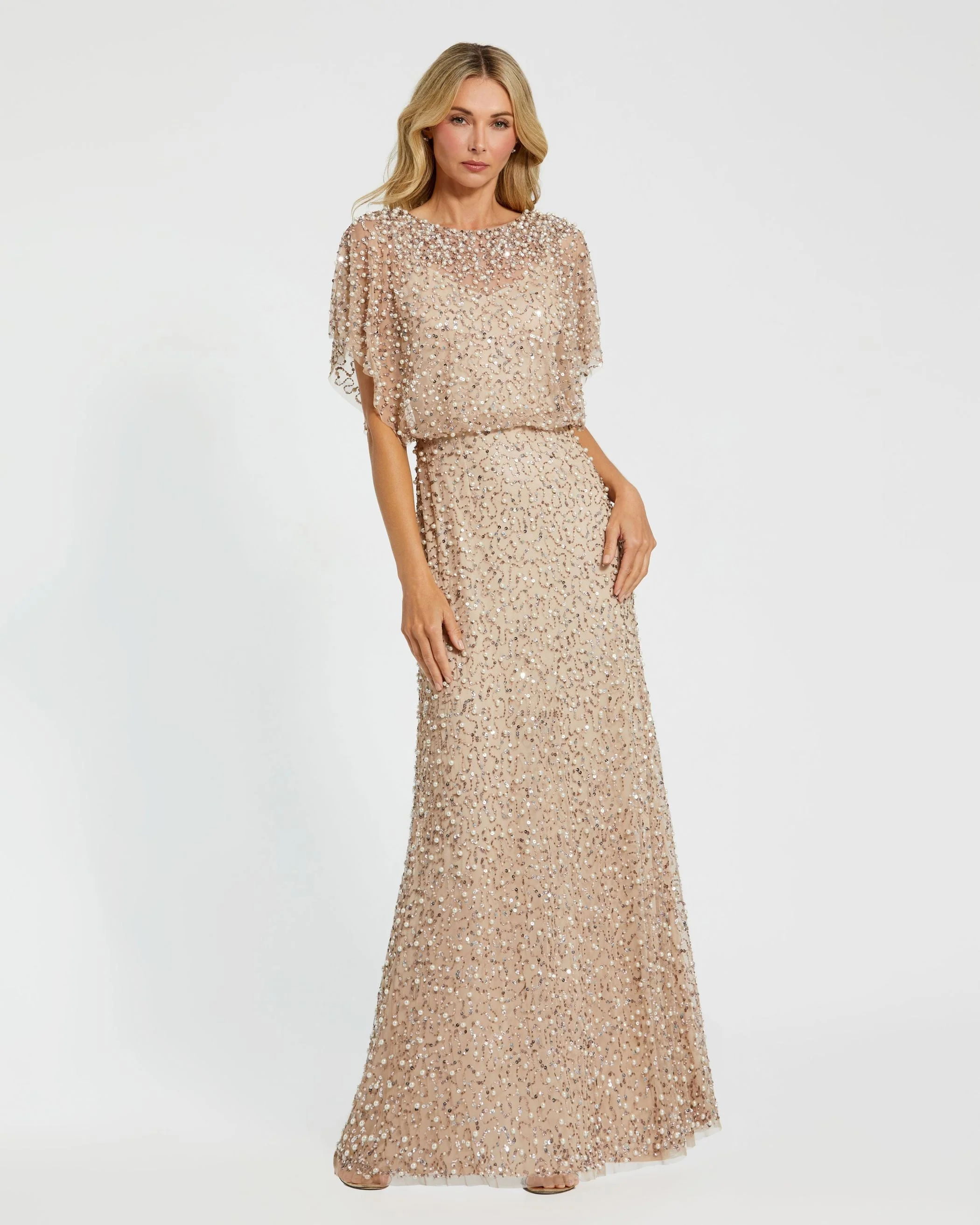 Beige Beaded Mesh Cape Gown