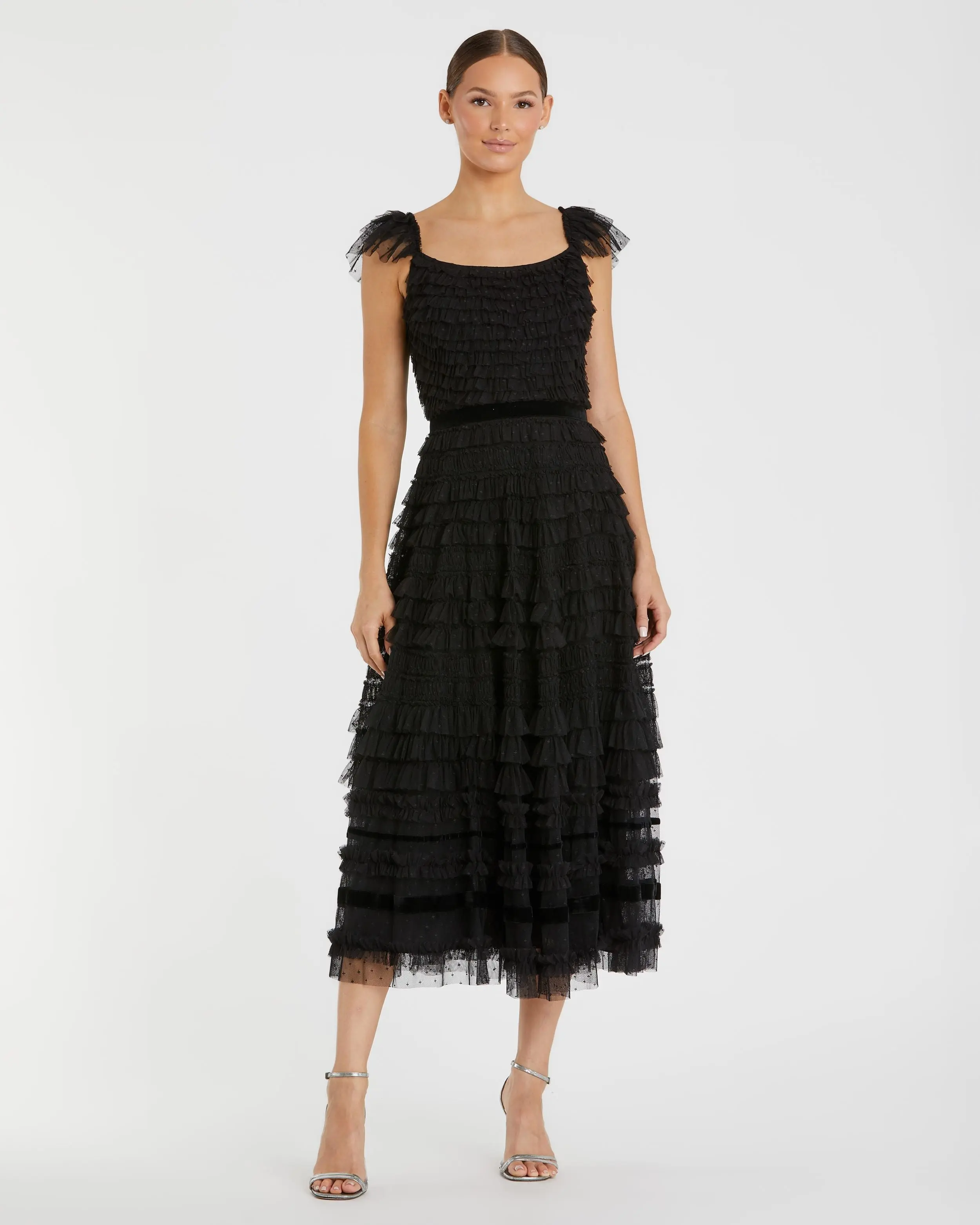 Black Ruffle Cap Sleeve Tiered Midi Dress