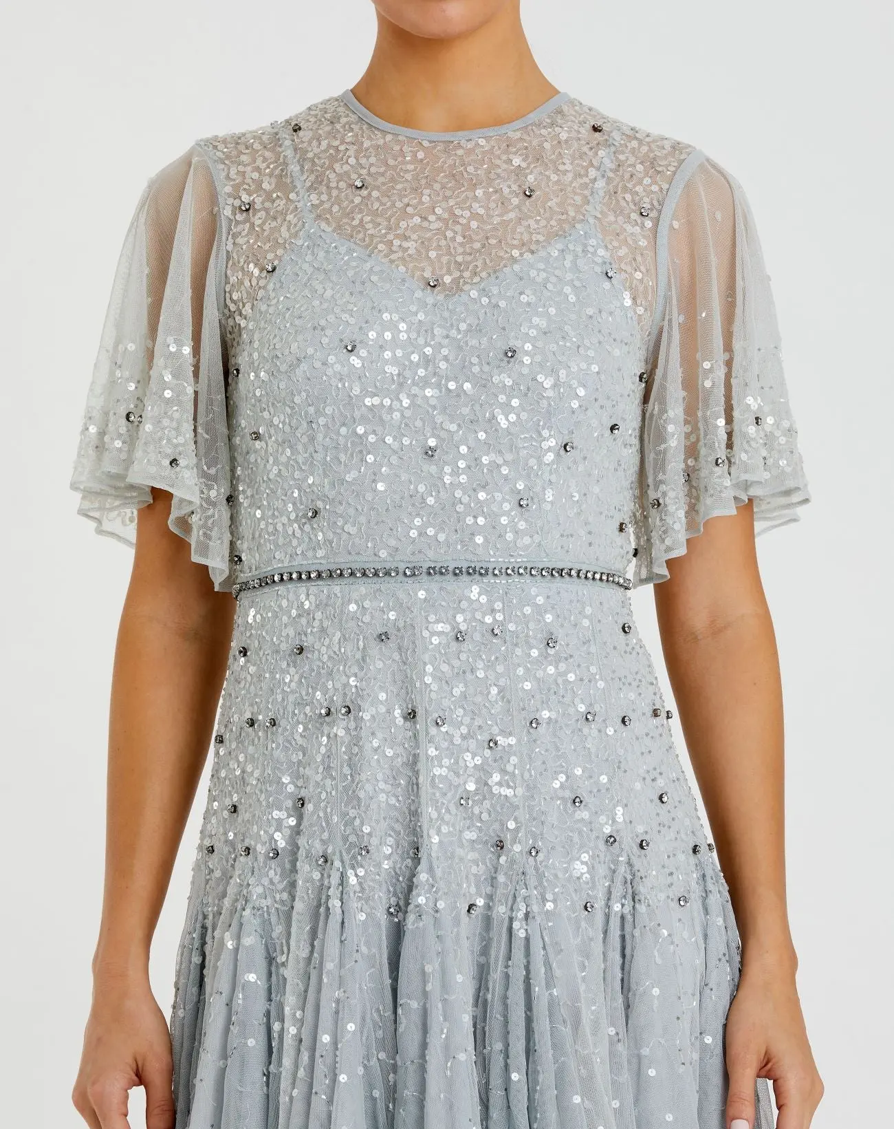 Blue Cape Sleeve Beaded Tea Length A-line Dress