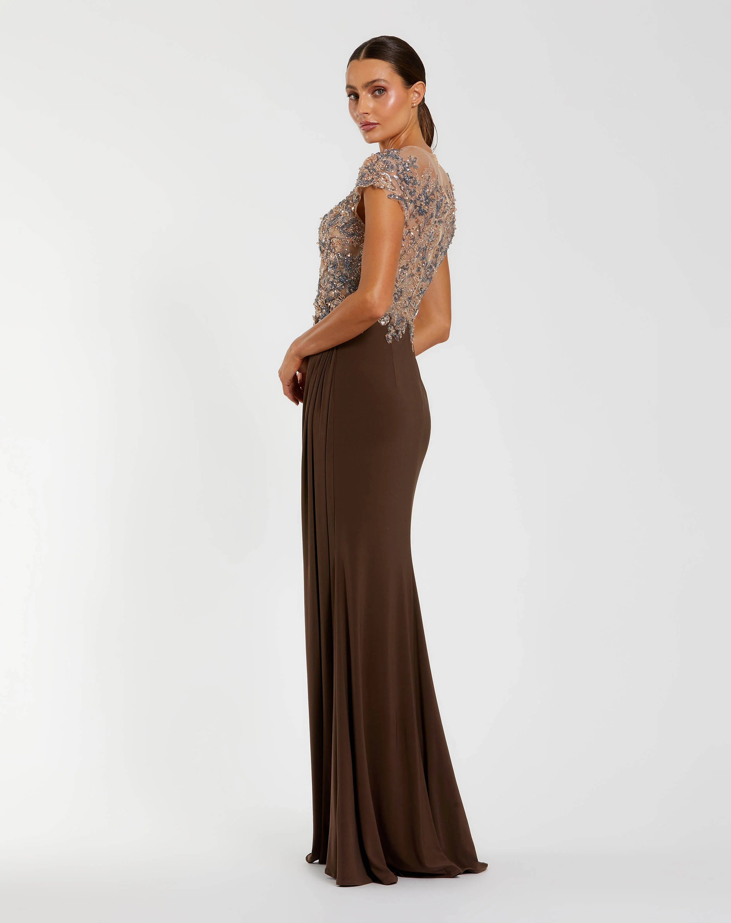 Brown Crystal Applique Embellished Jersey Gown