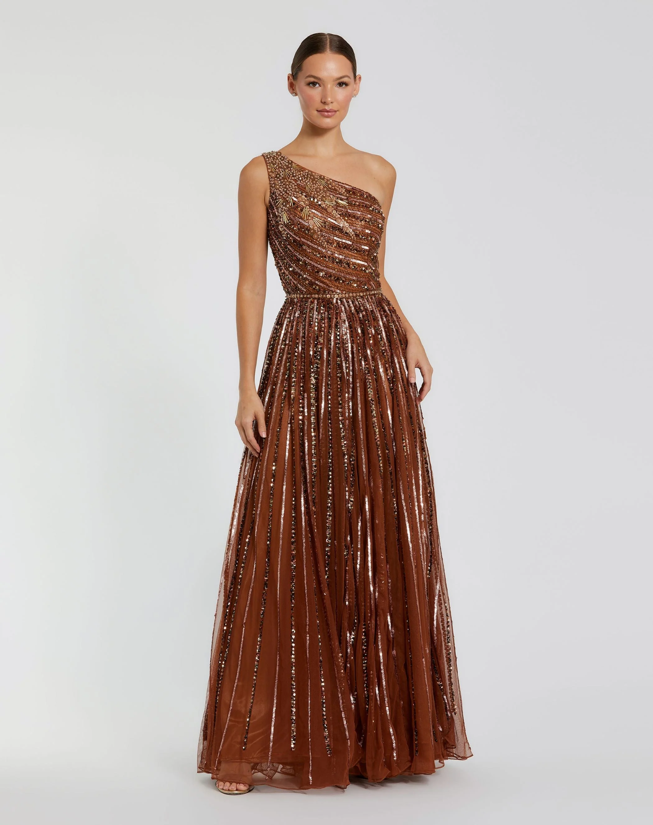 Brown Embellished One Shoulder A-Line Gown