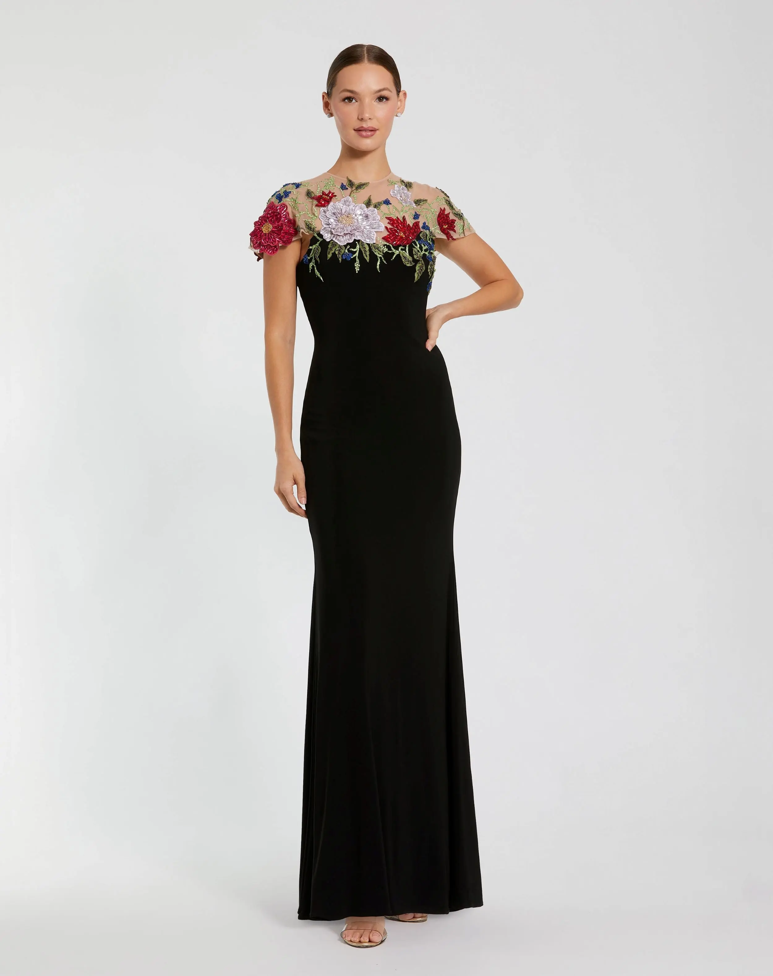 Black Floral Embellished Jersey Column Gown