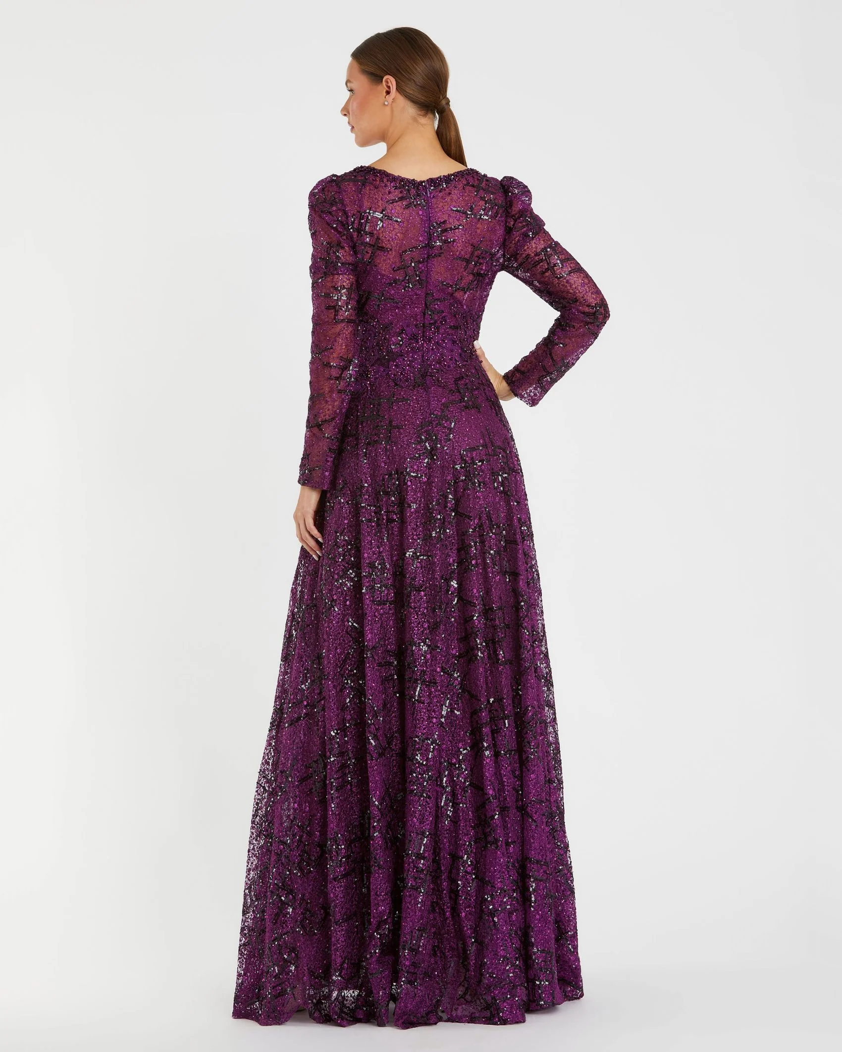 Dark Purple Embellished V Neck Long Sleeve A Line Gown
