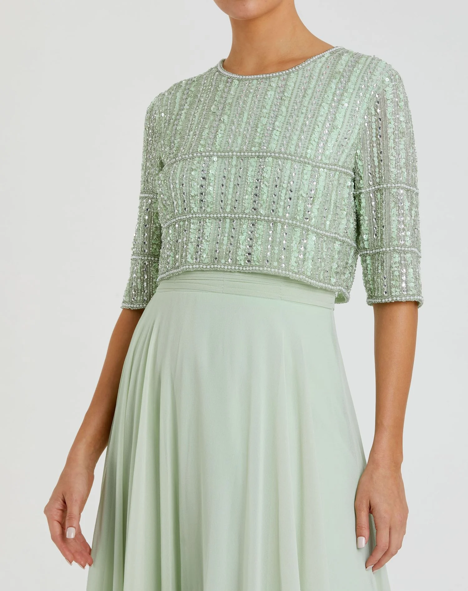 Green Chiffon Gown w/ Fully Beaded 3/4 Sleeve Top