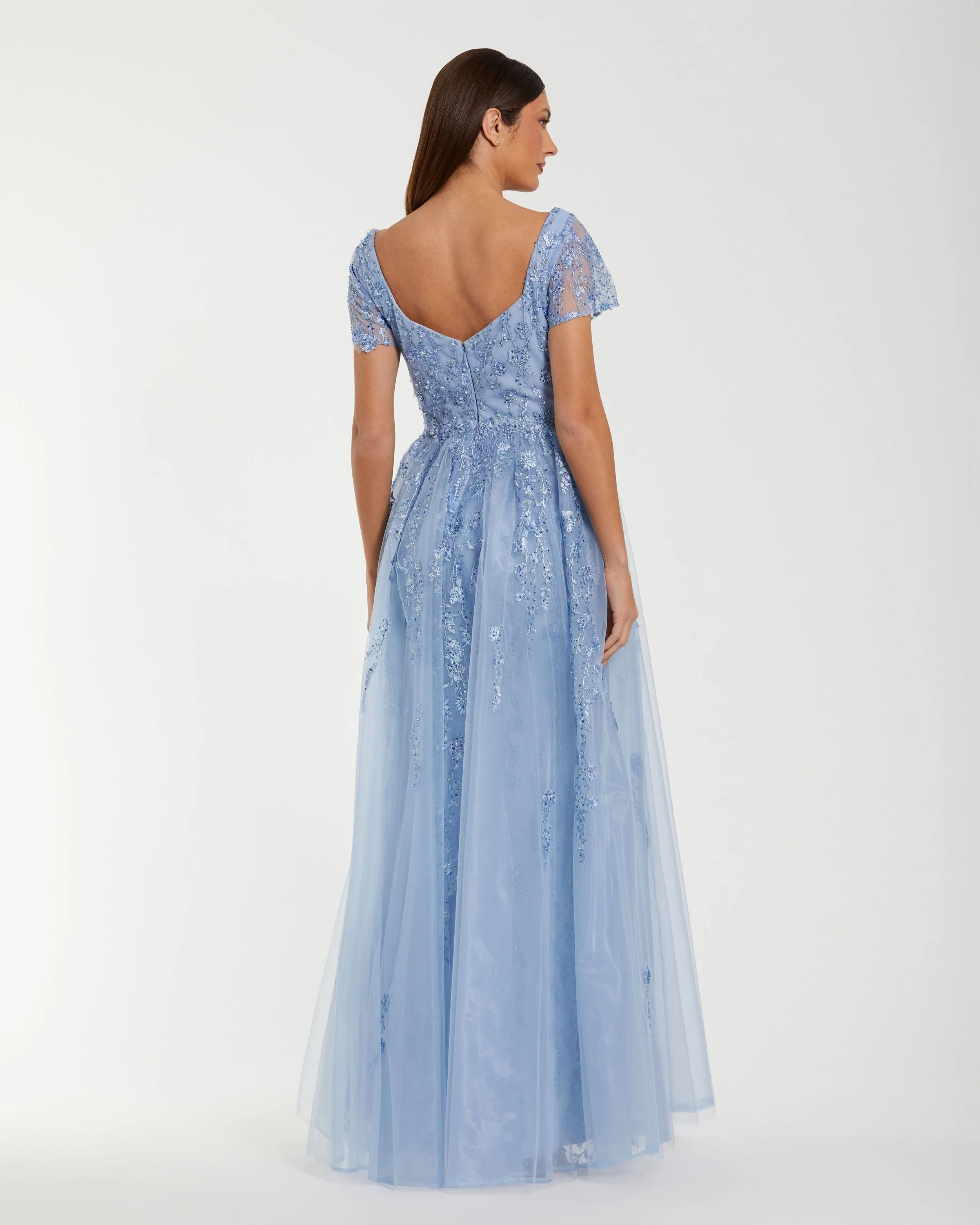 Blue Embroidered Beaded A-Line Gown with Overskirt