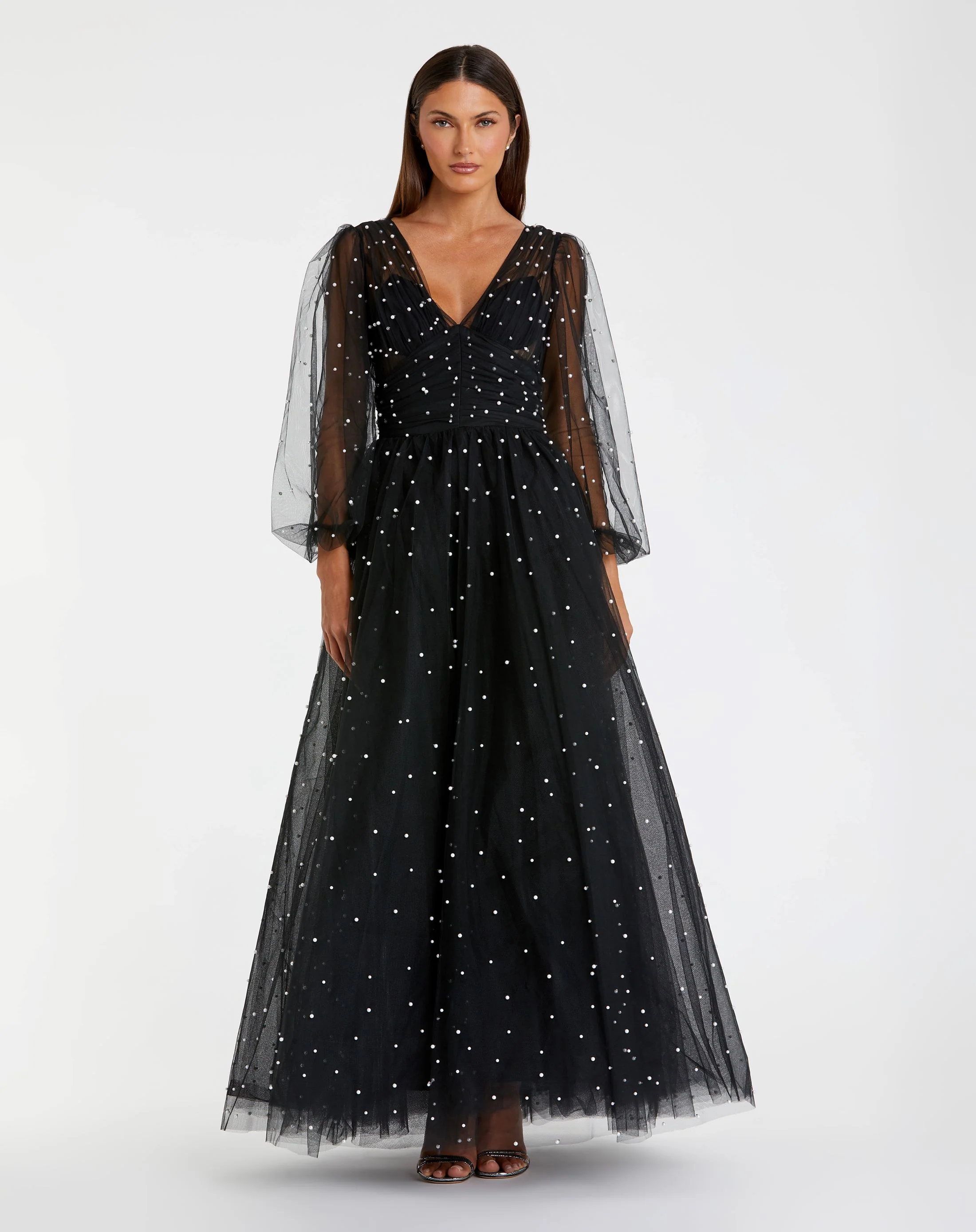 Black Long Sheer Sleeve Draped Pearl Beaded Gown