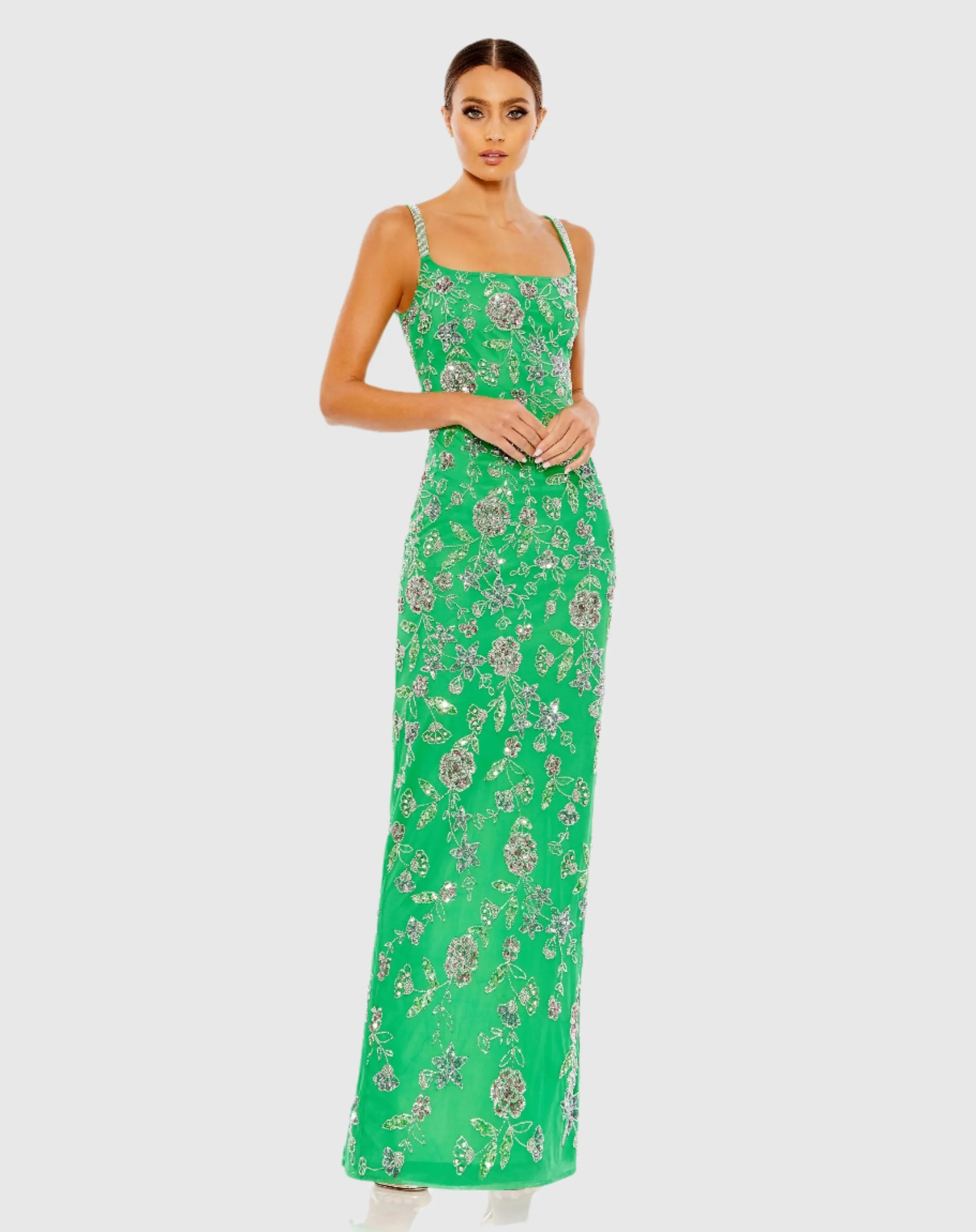 Green Hand Beaded Floral Gown with Beaded Spaghetti Straps
