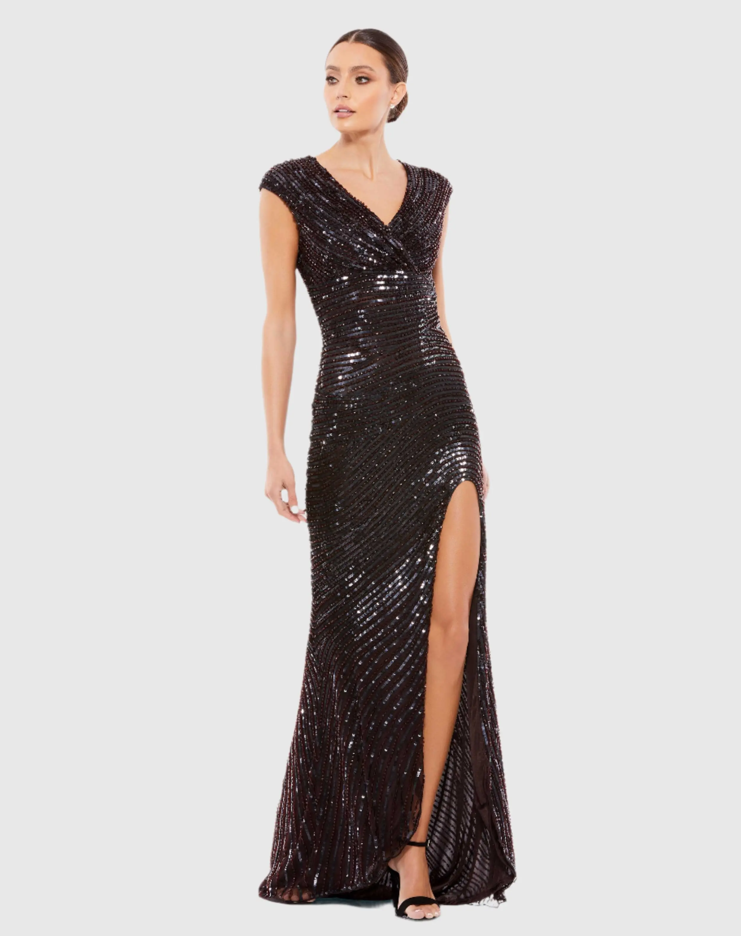 Dark Brown Cap Sleeve Sequined Evening Gown