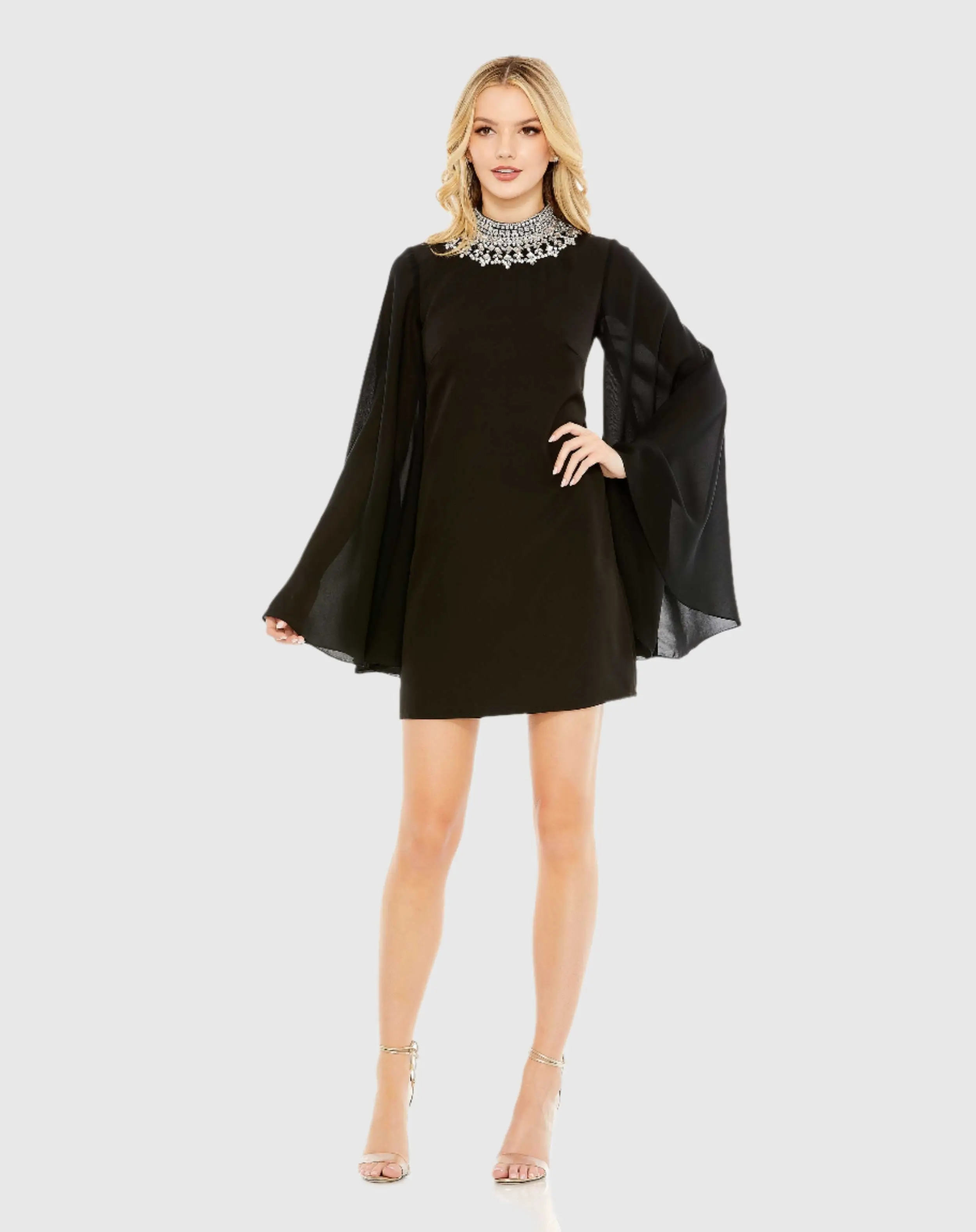 Black Rhinestone Collar Flowy Sleeve Mini Dress