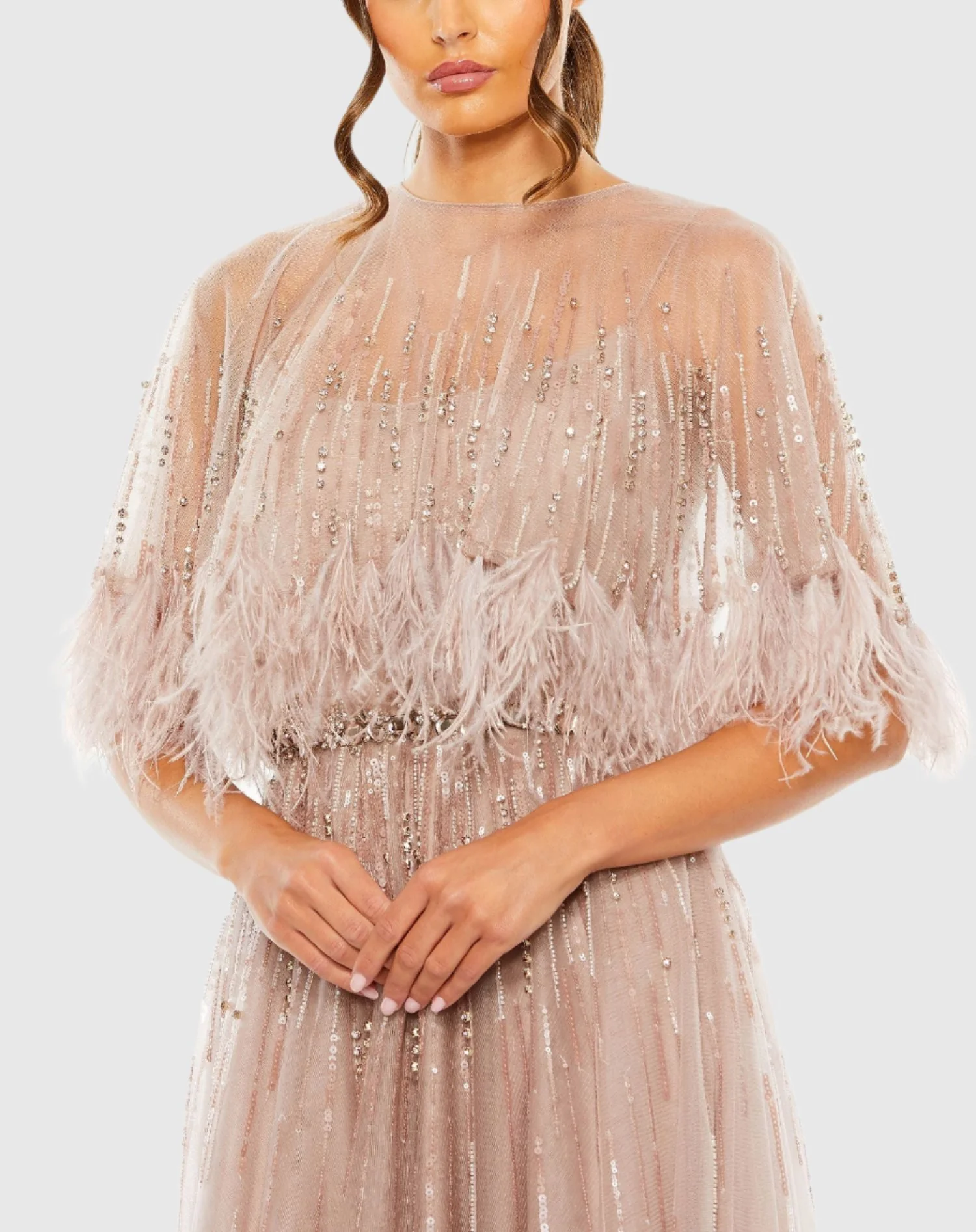Beige Embellished A Line Dress with Feather Detail Cape