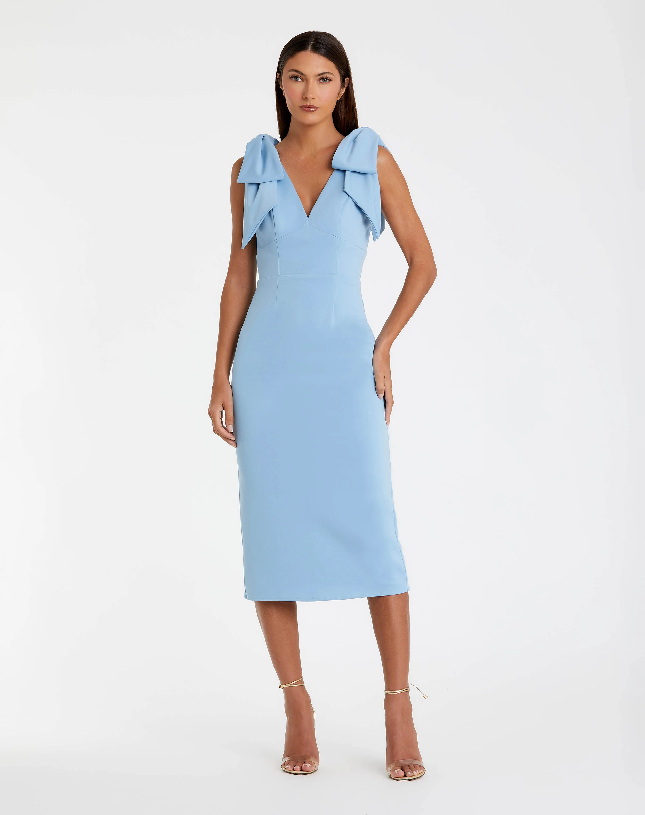 Blue Bow Strap Crepe Fitted Midi Dress
