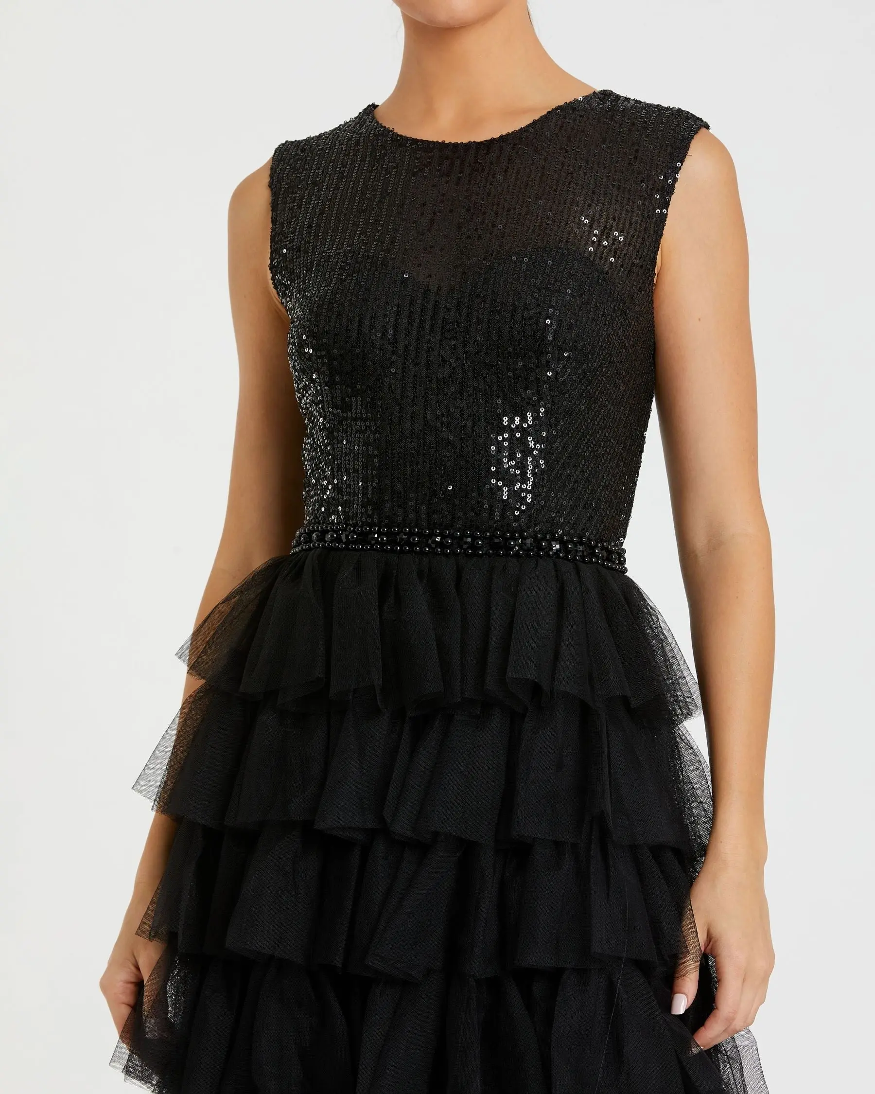 Black Ruffle Tiered High Neck Sequined Gown