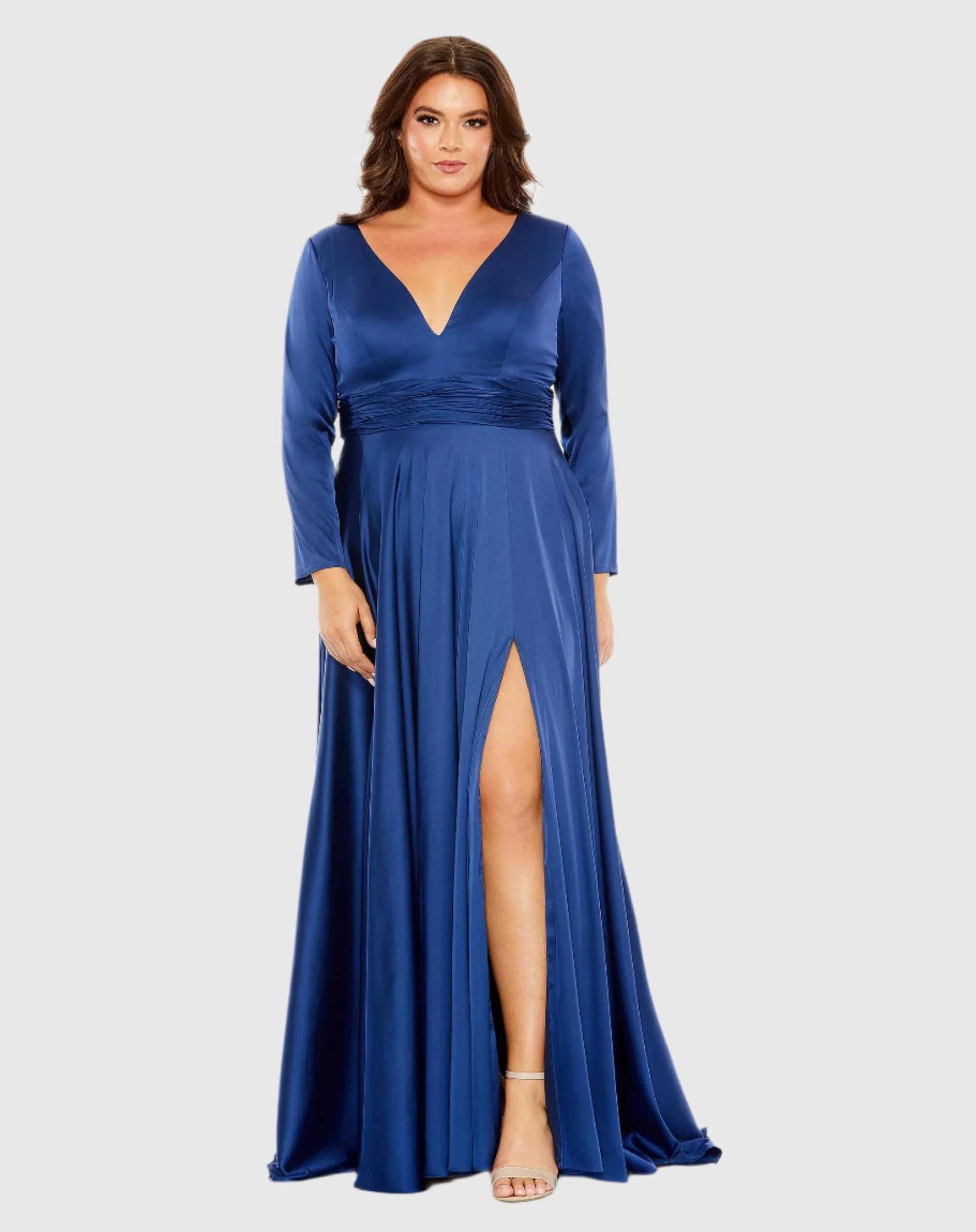Blue Quarter Sleeve V Neck A Line Gown