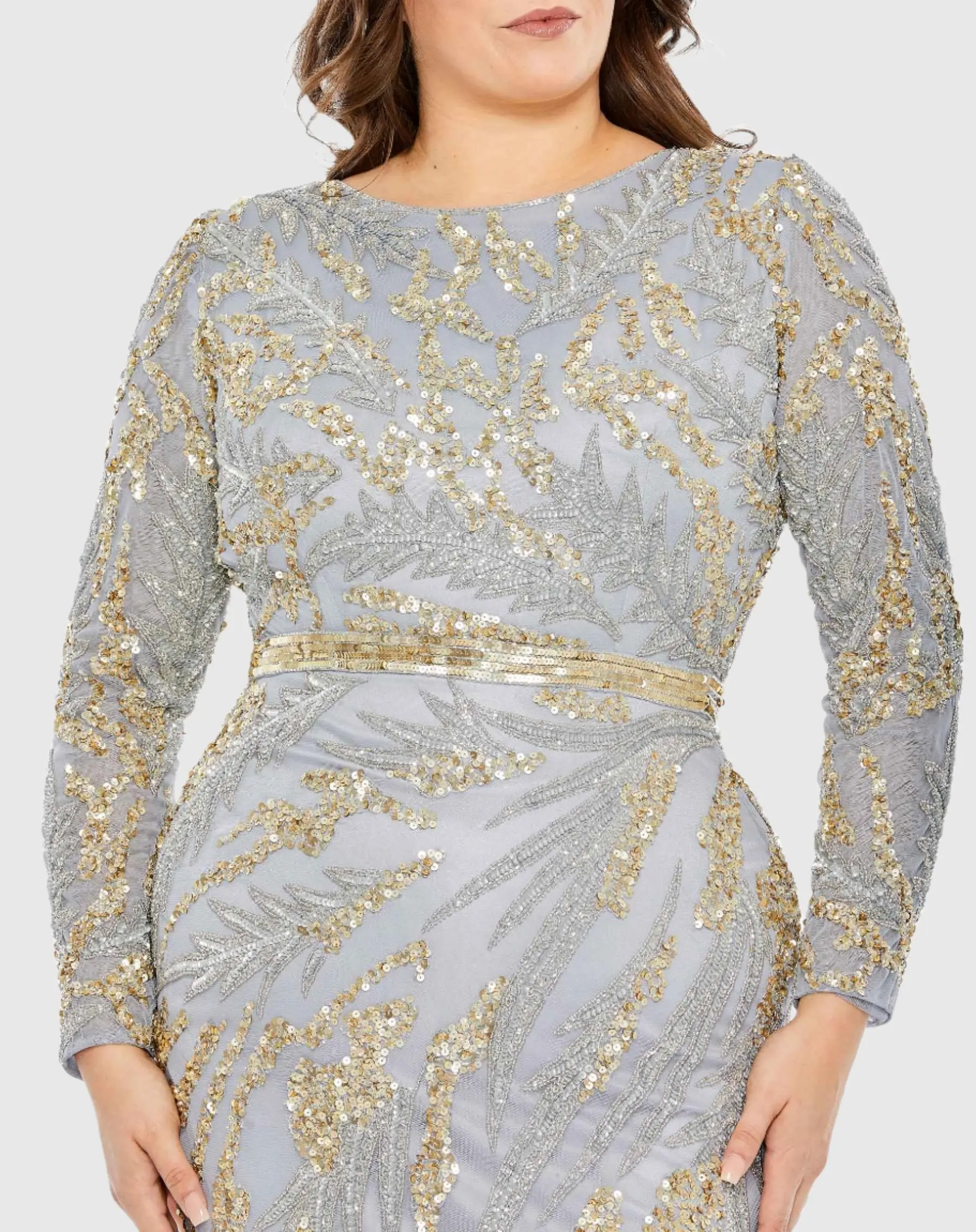 Blue and Gold Long Sleeve High Neckline Embellished Gown