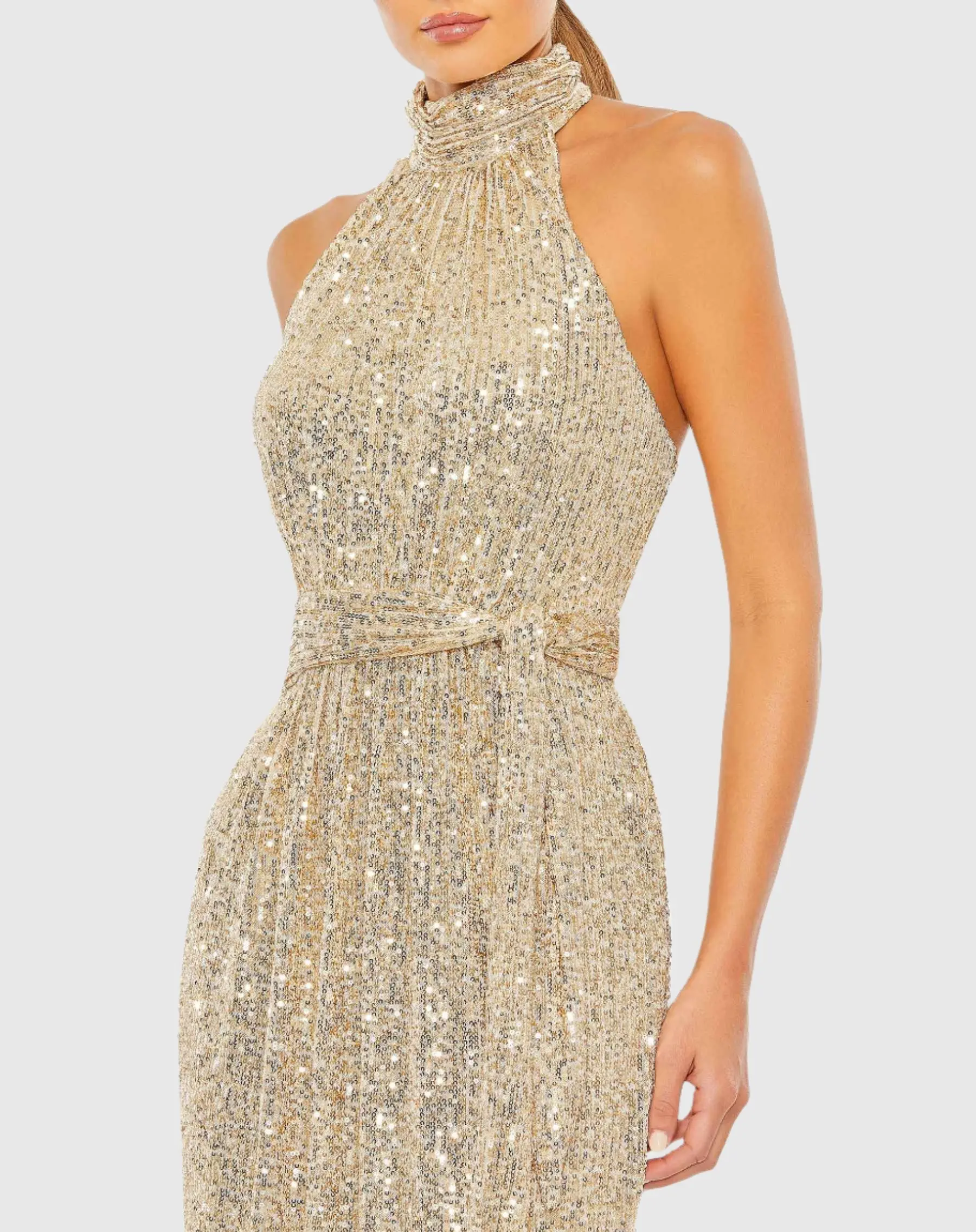 Gold Sequined Halter Neck Belted Soft Tie Gown