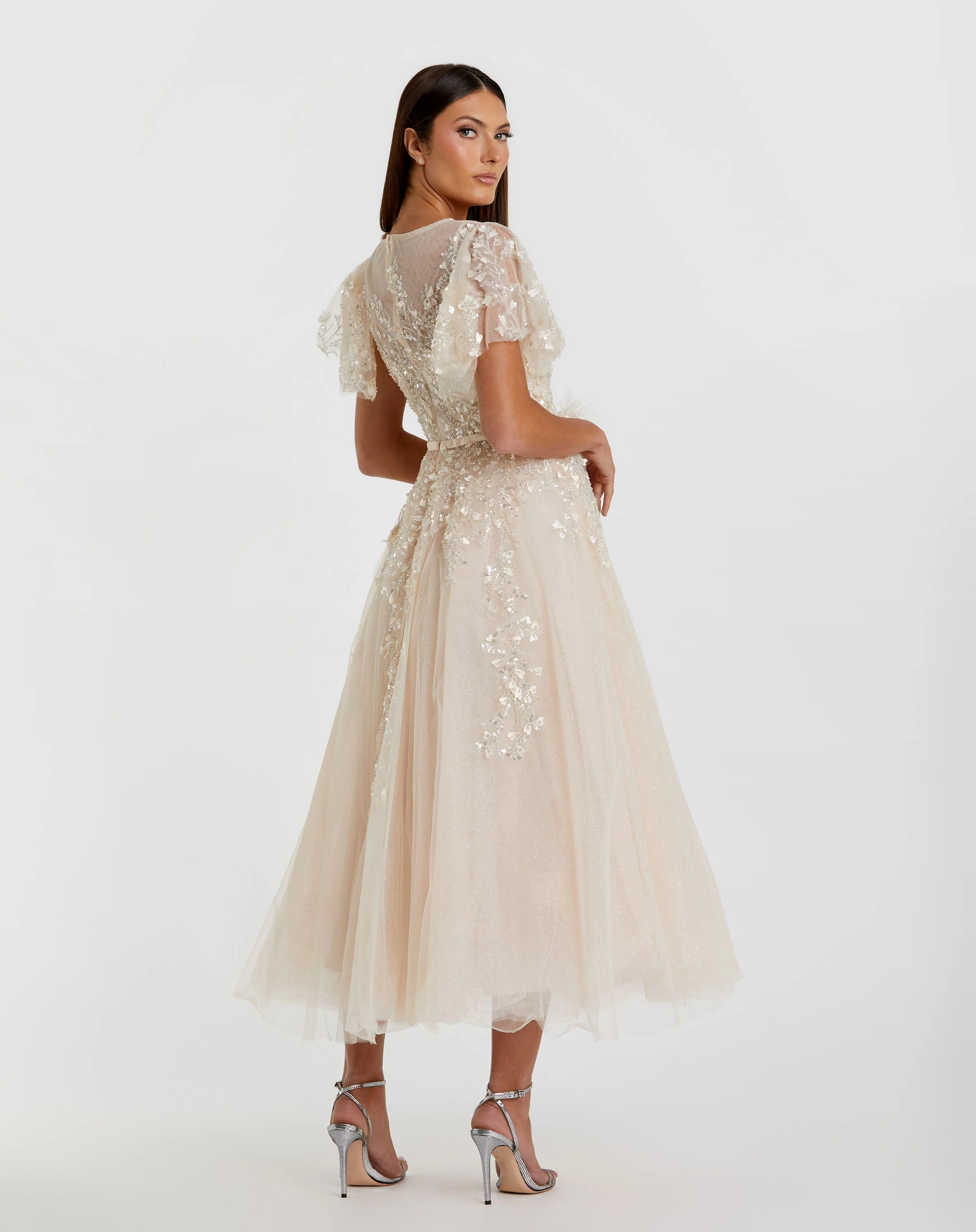 Beige Embellished Flutter Sleeve Bow Waist A Line Dress