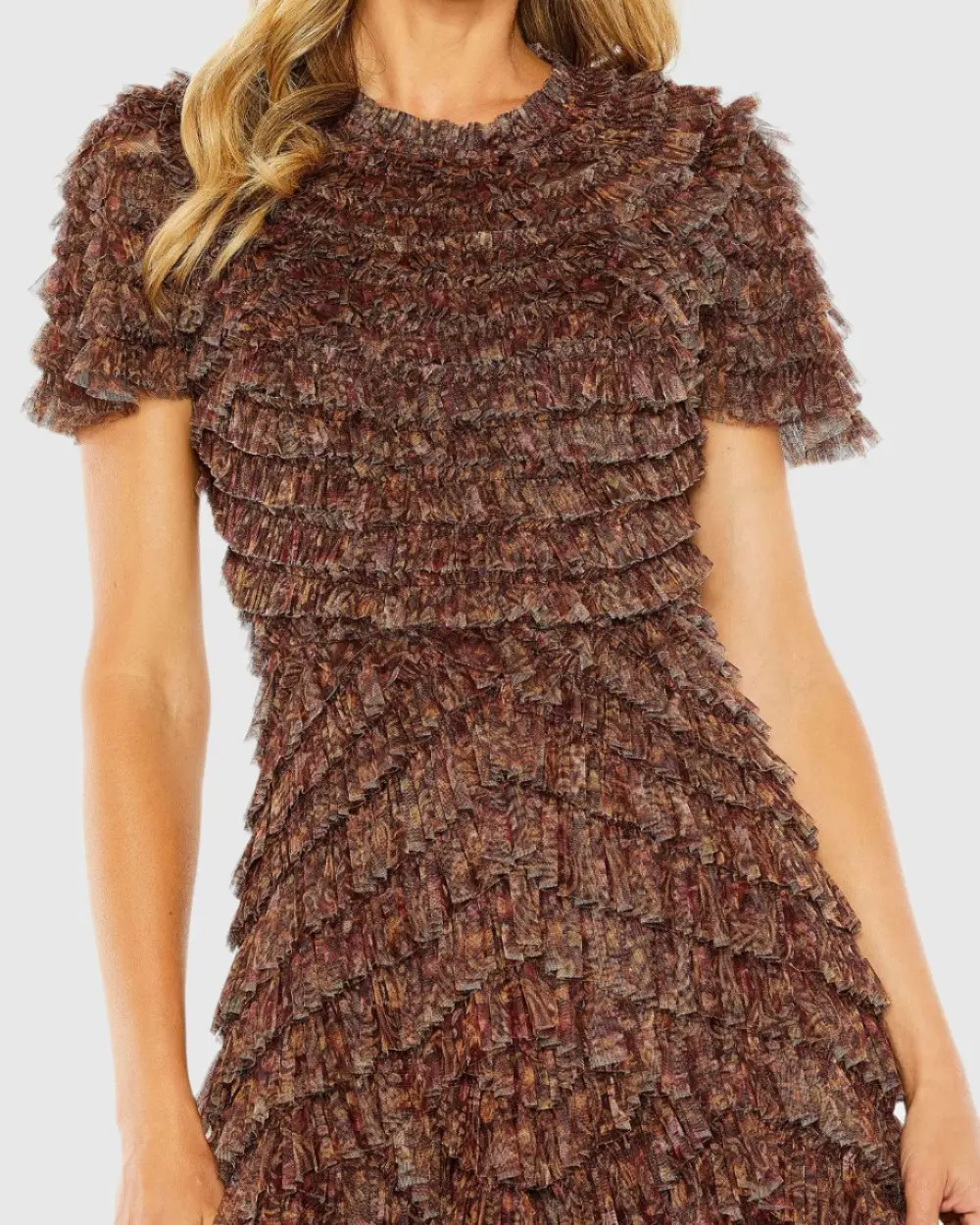 Brown Ruffle Tiered High Neck Gown