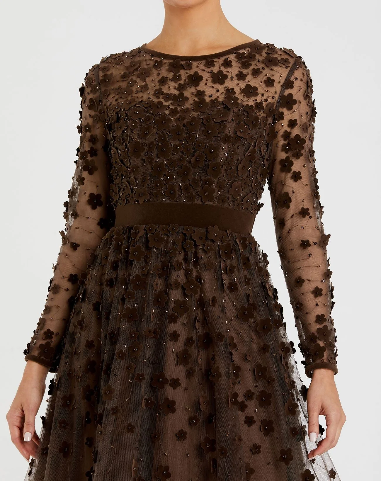 Brown Embellished Illusion High Neck Long Sleeve Fit & Flare Dress
