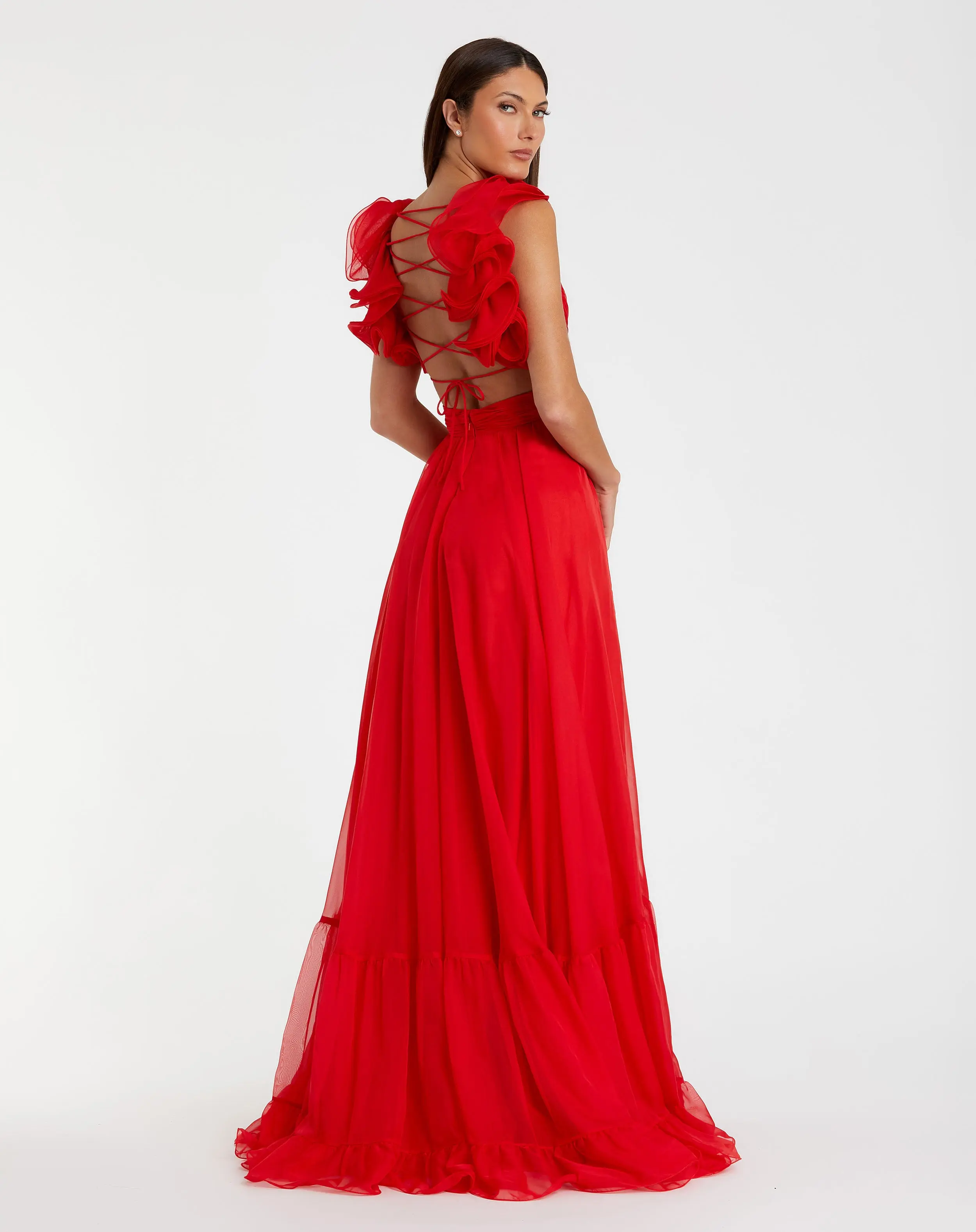 Ruffle Tiered Cut-Out Chiffon Gown