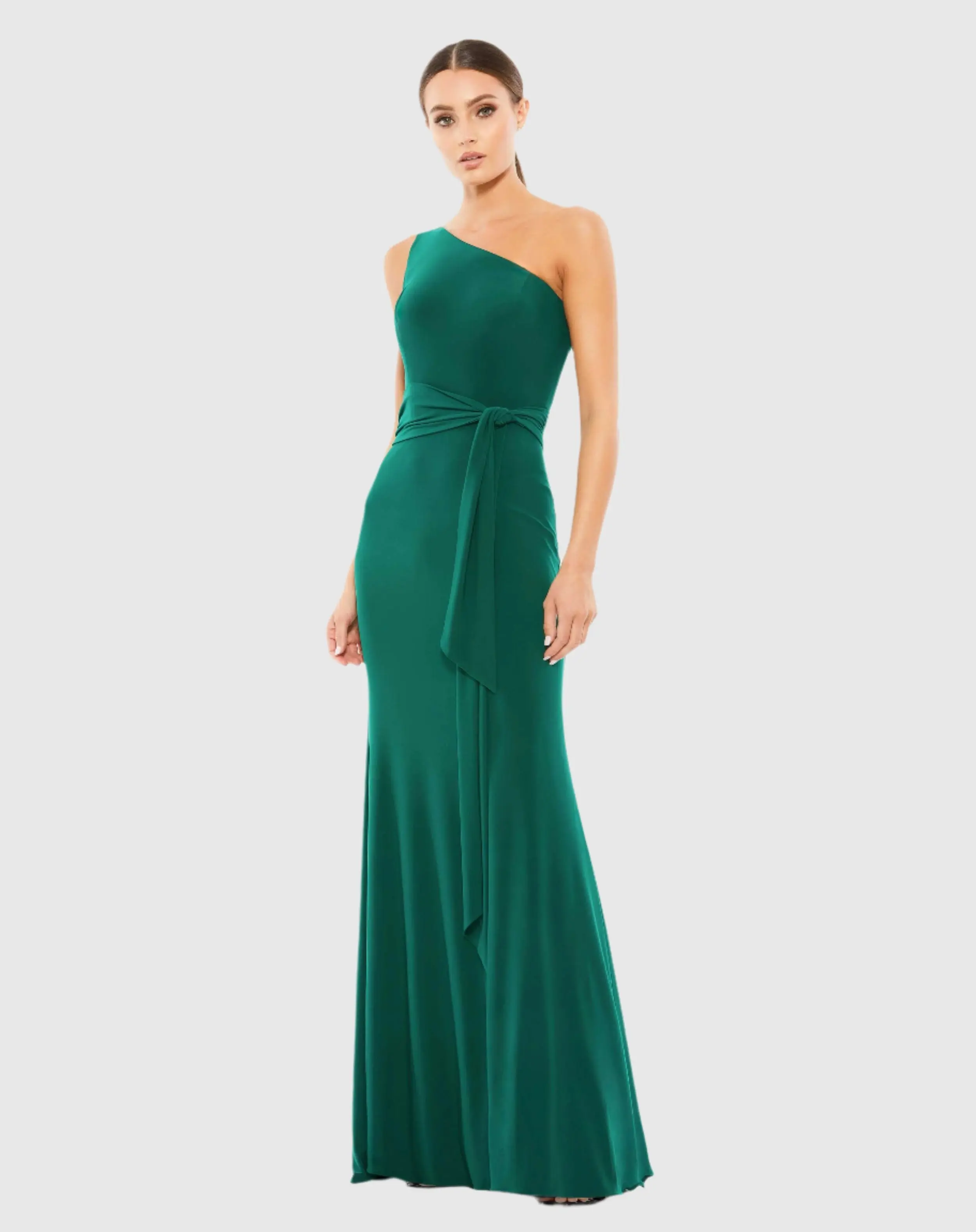 Green Jersey One Shoulder Belted Trumpet Gown