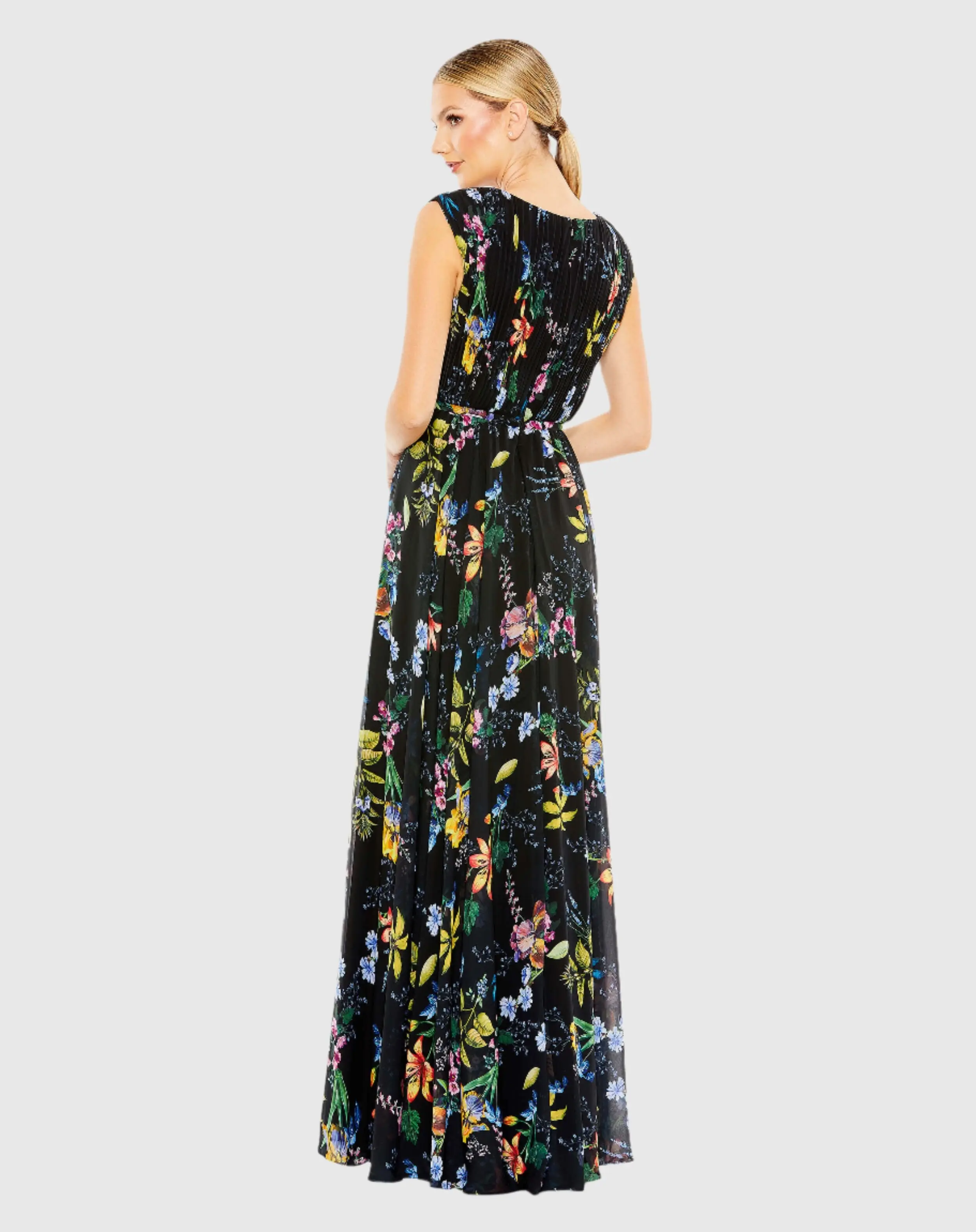 Black Multicolor Pleated Floral Cap Sleeve A Line Gown
